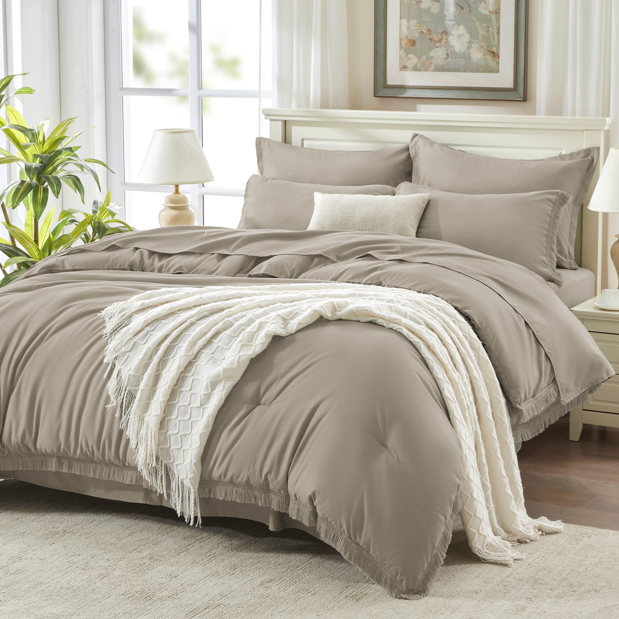 Andency 7 Pieces Comforter Sets -  Bed in a Bag Soft Fluffy Bedding Comforter Sets - Lightweight Cream Boho Tassel Bed Set with Comforter, Sheets, Pillowcases & Shams
