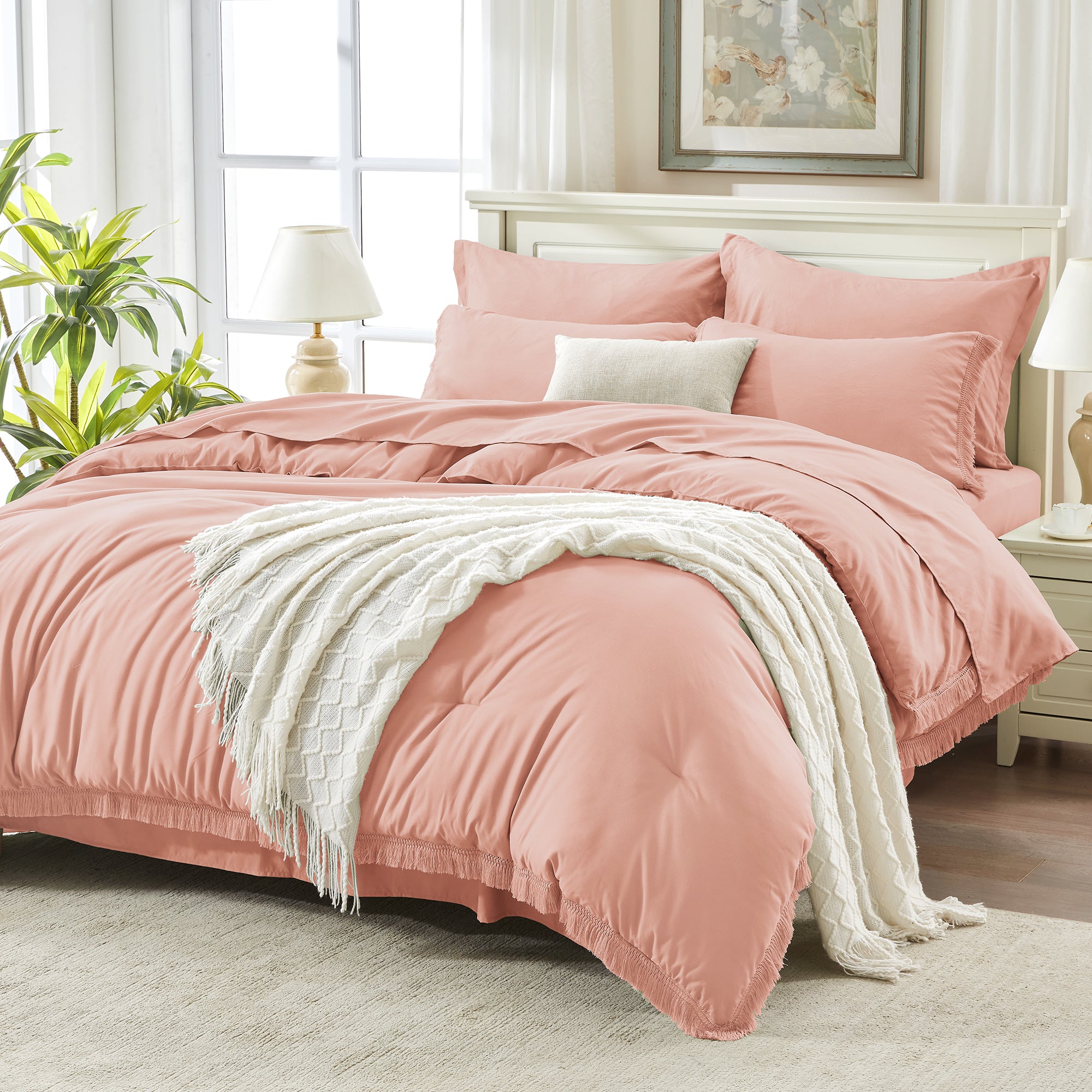 Andency 7 Pieces Comforter Sets -  Bed in a Bag Soft Fluffy Bedding Comforter Sets - Lightweight Cream Boho Tassel Bed Set with Comforter, Sheets, Pillowcases & Shams