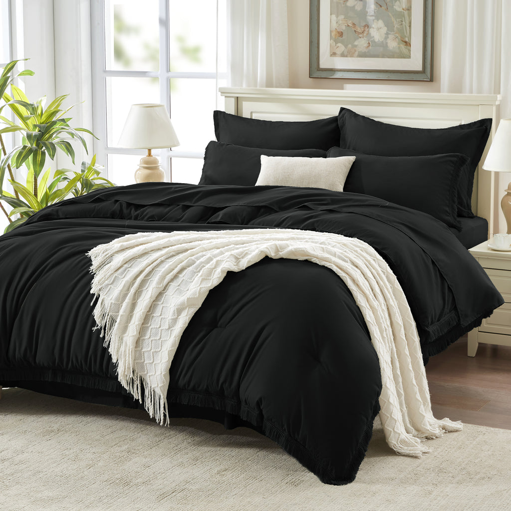 Andency 7 Pieces Comforter Sets -  Bed in a Bag Soft Fluffy Bedding Comforter Sets - Lightweight Cream Boho Tassel Bed Set with Comforter, Sheets, Pillowcases & Shams