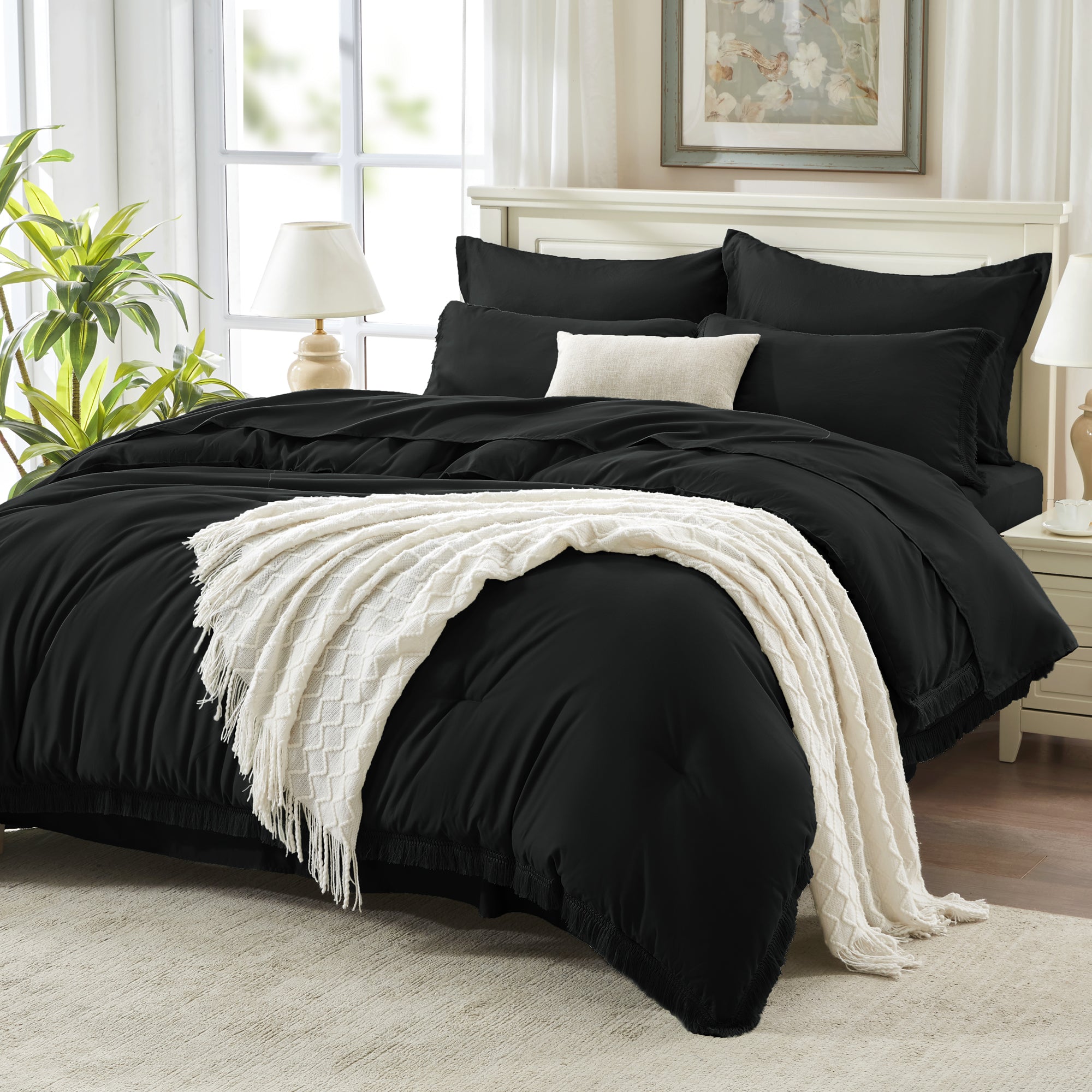 Andency 7 Pieces Comforter Sets -  Bed in a Bag Soft Fluffy Bedding Comforter Sets - Lightweight Cream Boho Tassel Bed Set with Comforter, Sheets, Pillowcases & Shams