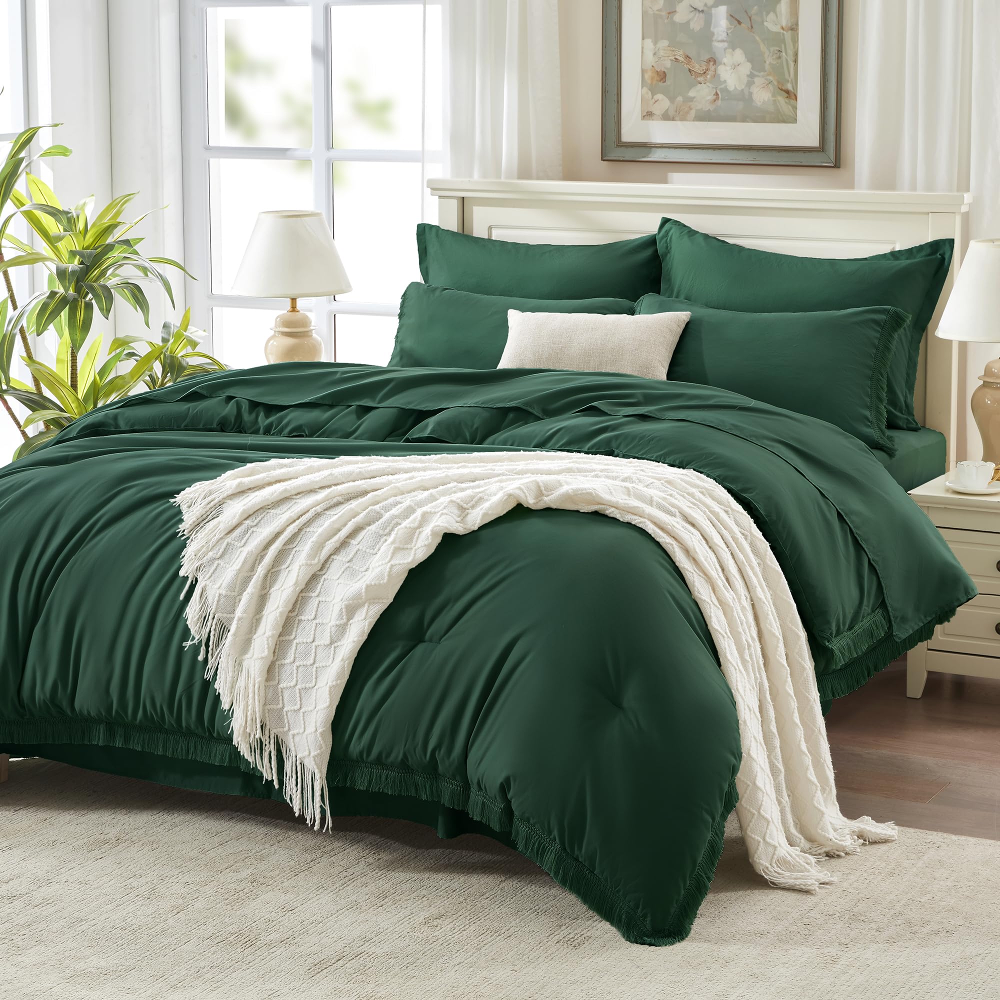 Andency 7 Pieces Comforter Sets -  Bed in a Bag Soft Fluffy Bedding Comforter Sets - Lightweight Cream Boho Tassel Bed Set with Comforter, Sheets, Pillowcases & Shams