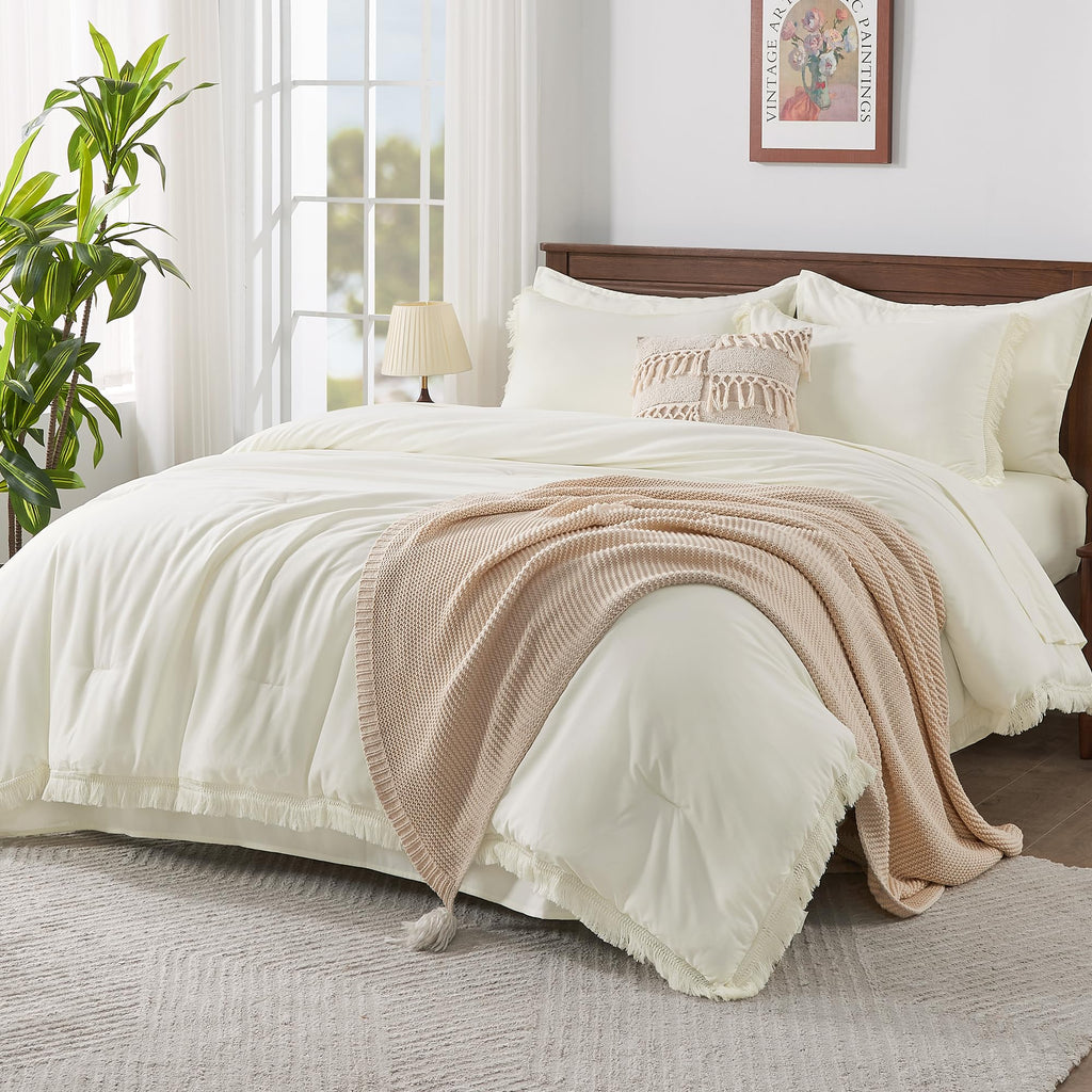 Andency 7 Pieces Comforter Sets -  Bed in a Bag Soft Fluffy Bedding Comforter Sets - Lightweight Cream Boho Tassel Bed Set with Comforter, Sheets, Pillowcases & Shams