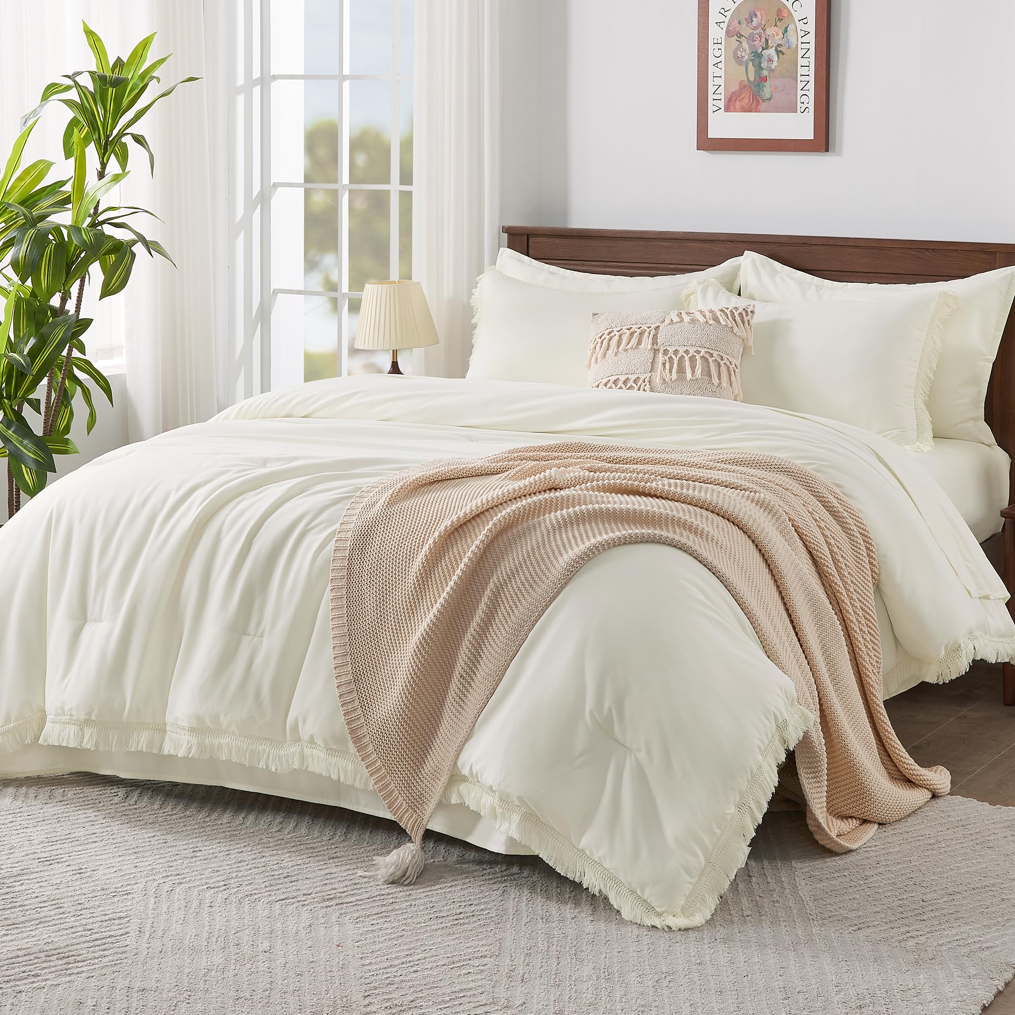 Andency 7 Pieces Comforter Sets -  Bed in a Bag Soft Fluffy Bedding Comforter Sets - Lightweight Cream Boho Tassel Bed Set with Comforter, Sheets, Pillowcases & Shams