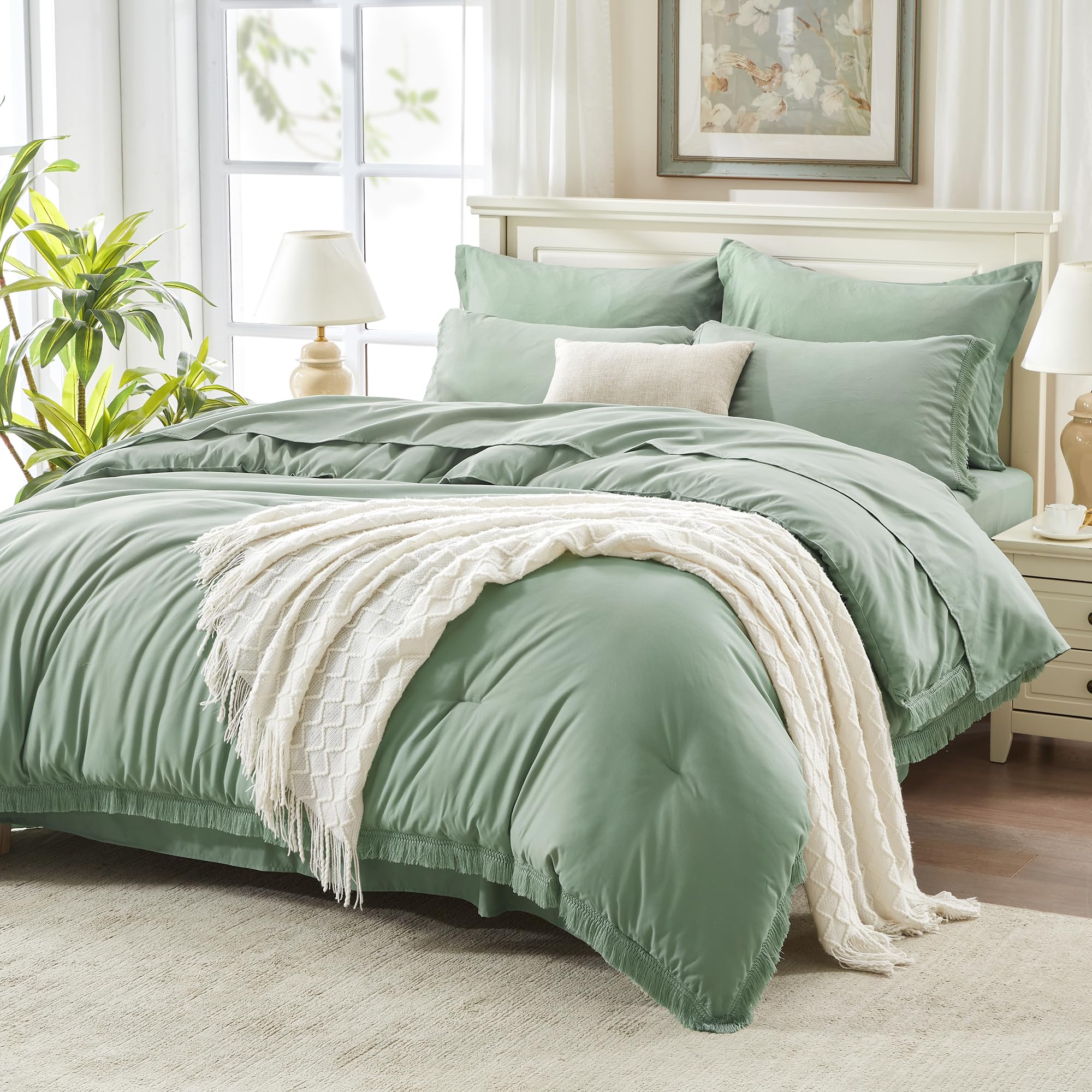 Andency 7 Pieces Comforter Sets -  Bed in a Bag Soft Fluffy Bedding Comforter Sets - Lightweight Cream Boho Tassel Bed Set with Comforter, Sheets, Pillowcases & Shams