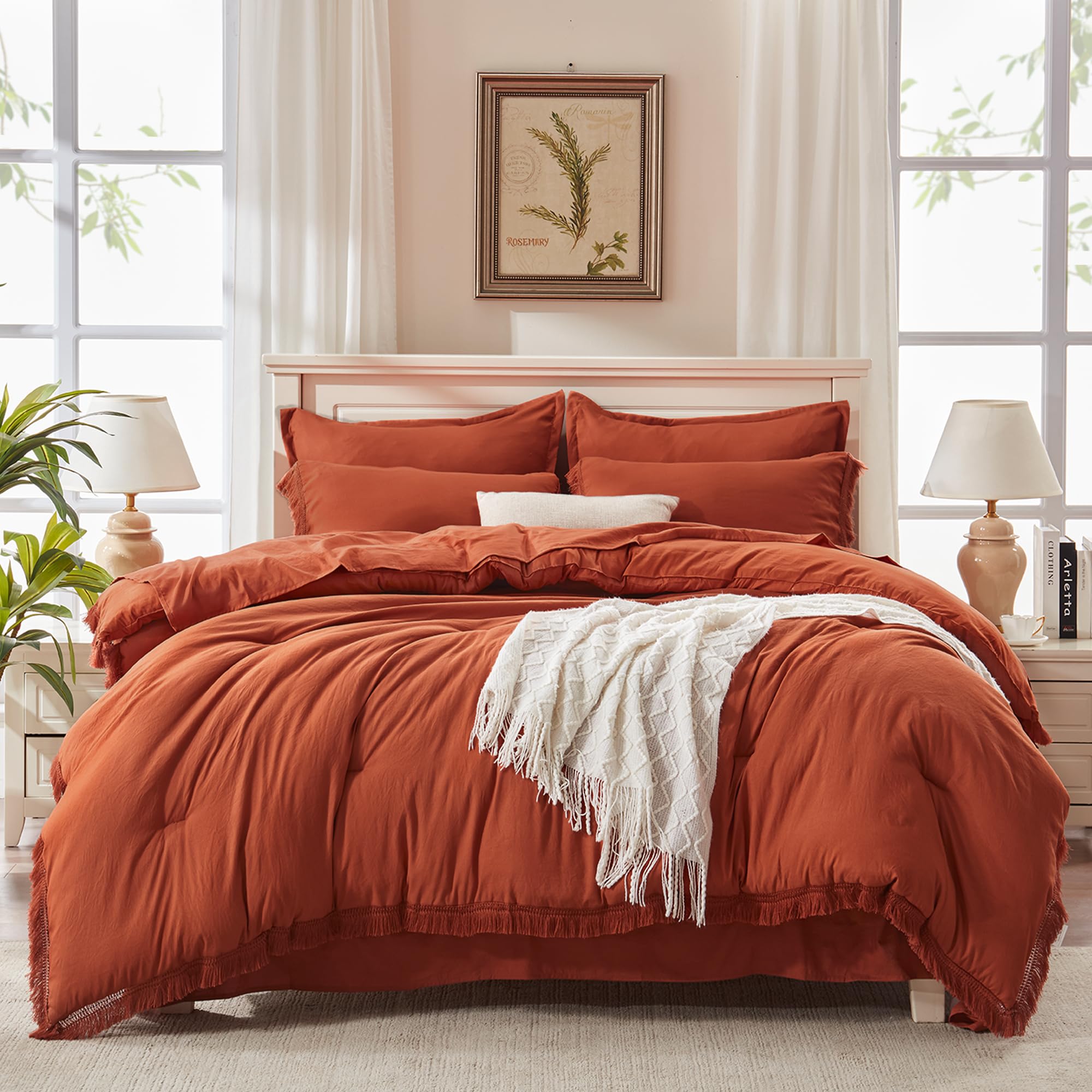 Andency 7 Pieces Comforter Sets -  Bed in a Bag Soft Fluffy Bedding Comforter Sets - Lightweight Cream Boho Tassel Bed Set with Comforter, Sheets, Pillowcases & Shams