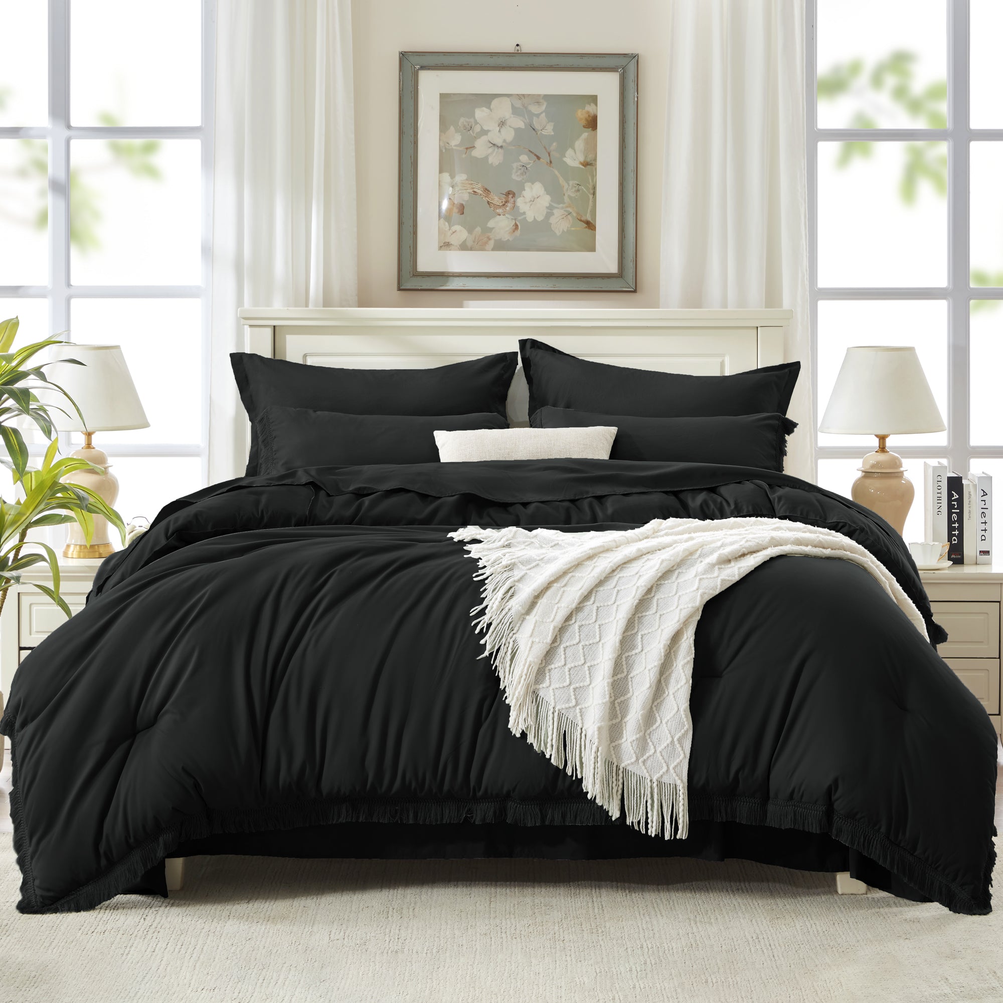 Andency 7 Pieces Comforter Sets -  Bed in a Bag Soft Fluffy Bedding Comforter Sets - Lightweight Cream Boho Tassel Bed Set with Comforter, Sheets, Pillowcases & Shams