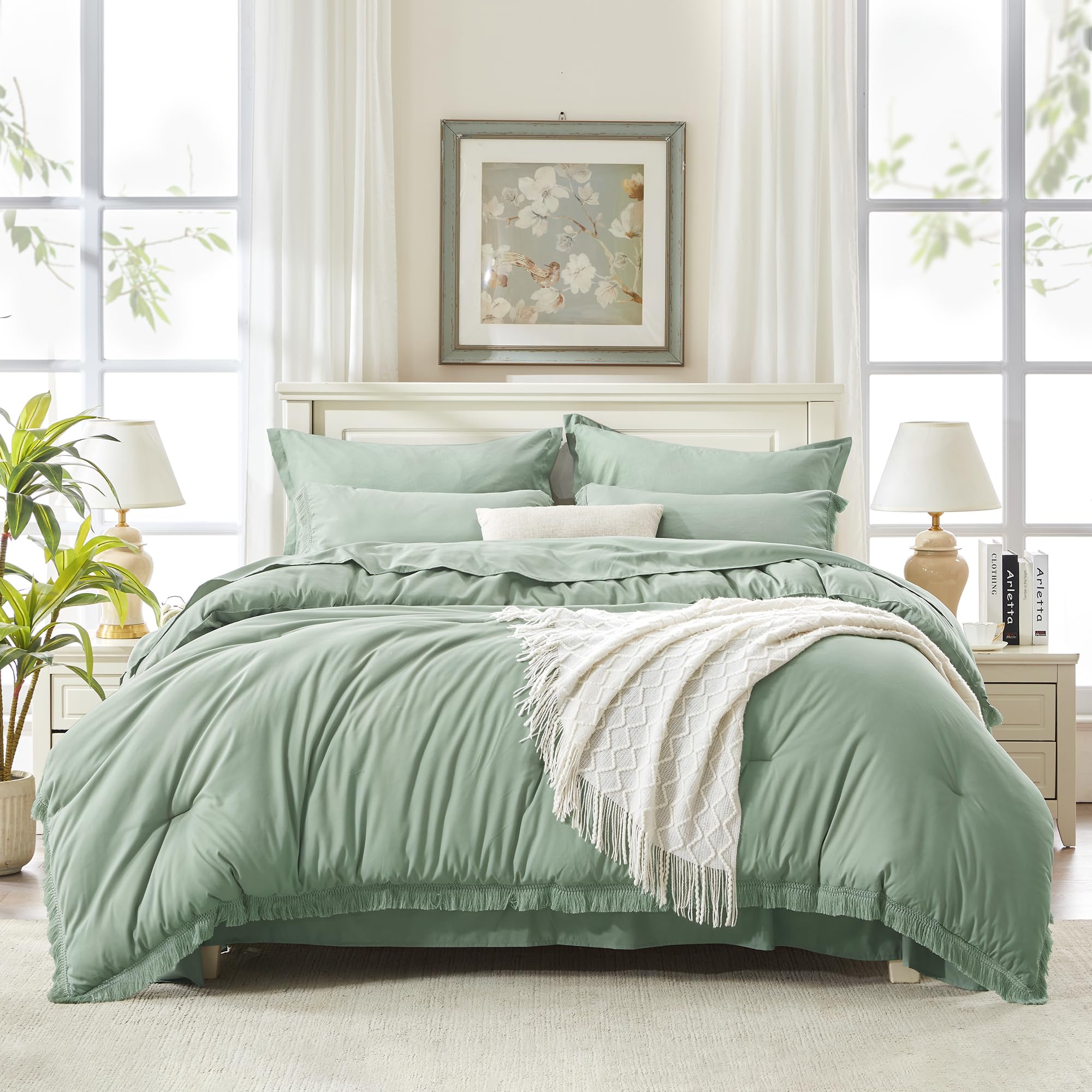 Andency 7 Pieces Comforter Sets -  Bed in a Bag Soft Fluffy Bedding Comforter Sets - Lightweight Cream Boho Tassel Bed Set with Comforter, Sheets, Pillowcases & Shams