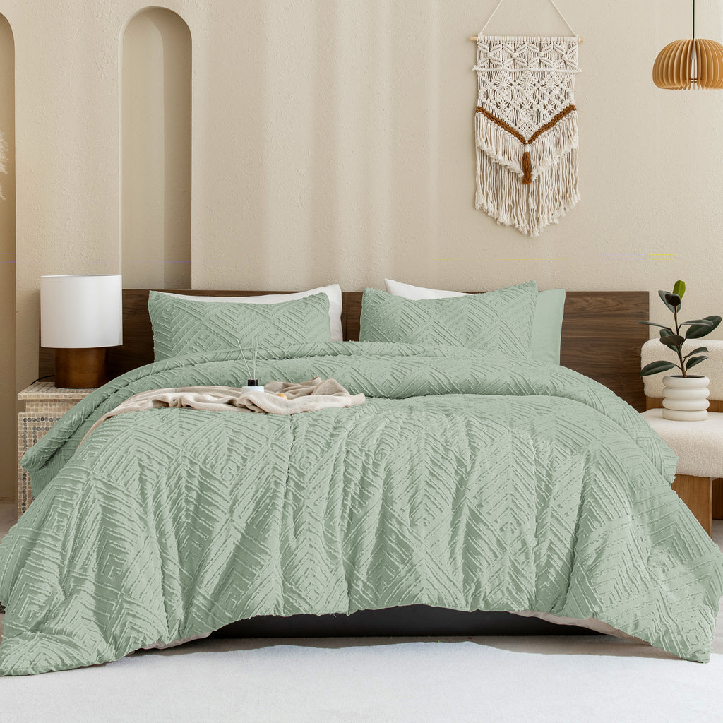 ANGENIA Comforter Set, 3 Pieces Fluffy Cream Boho Bedding Comforters Set, Soft Lightweight Tufted Down Alternative Bed Set for All Season