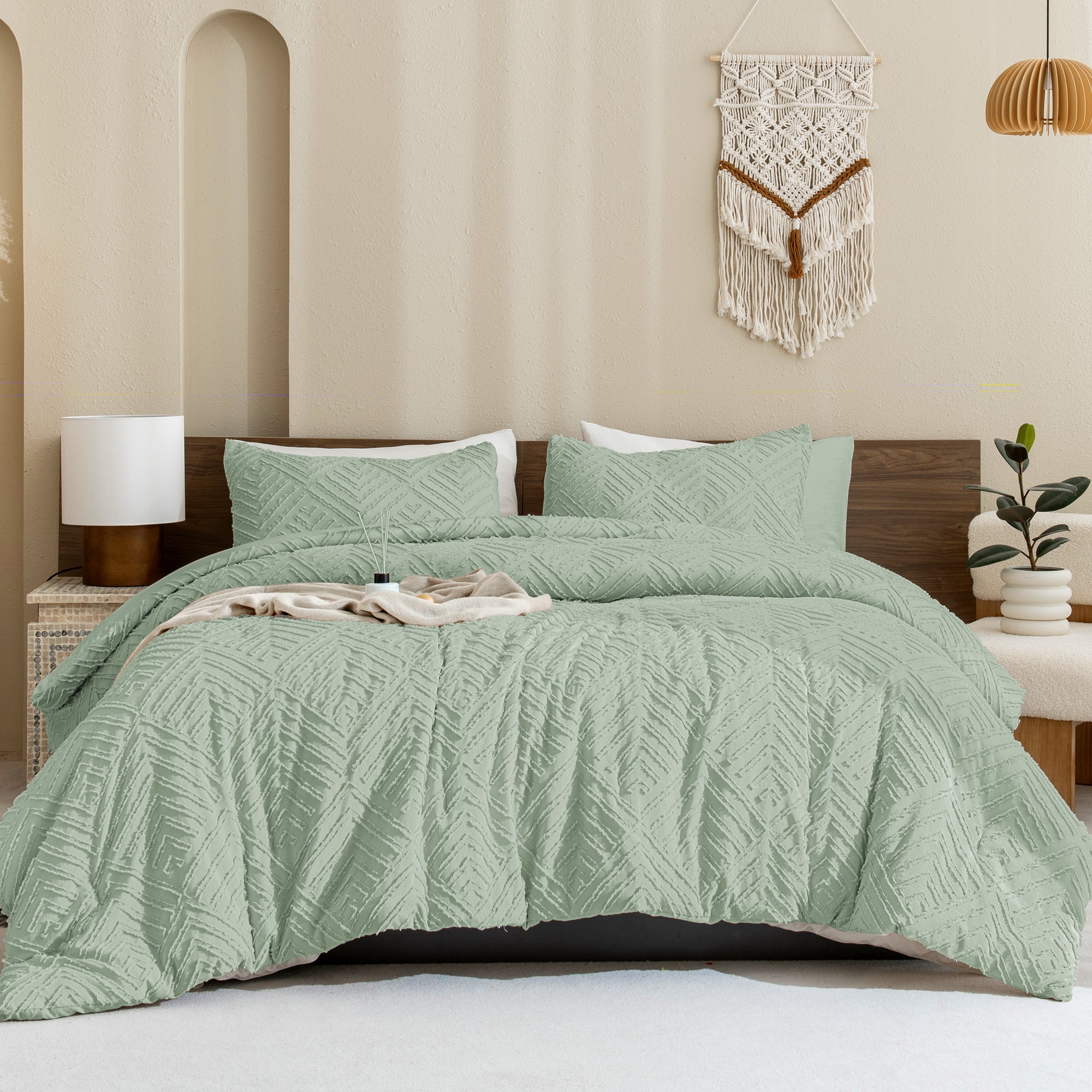 ANGENIA Comforter Set, 3 Pieces Fluffy Cream Boho Bedding Comforters Set, Soft Lightweight Tufted Down Alternative Bed Set for All Season