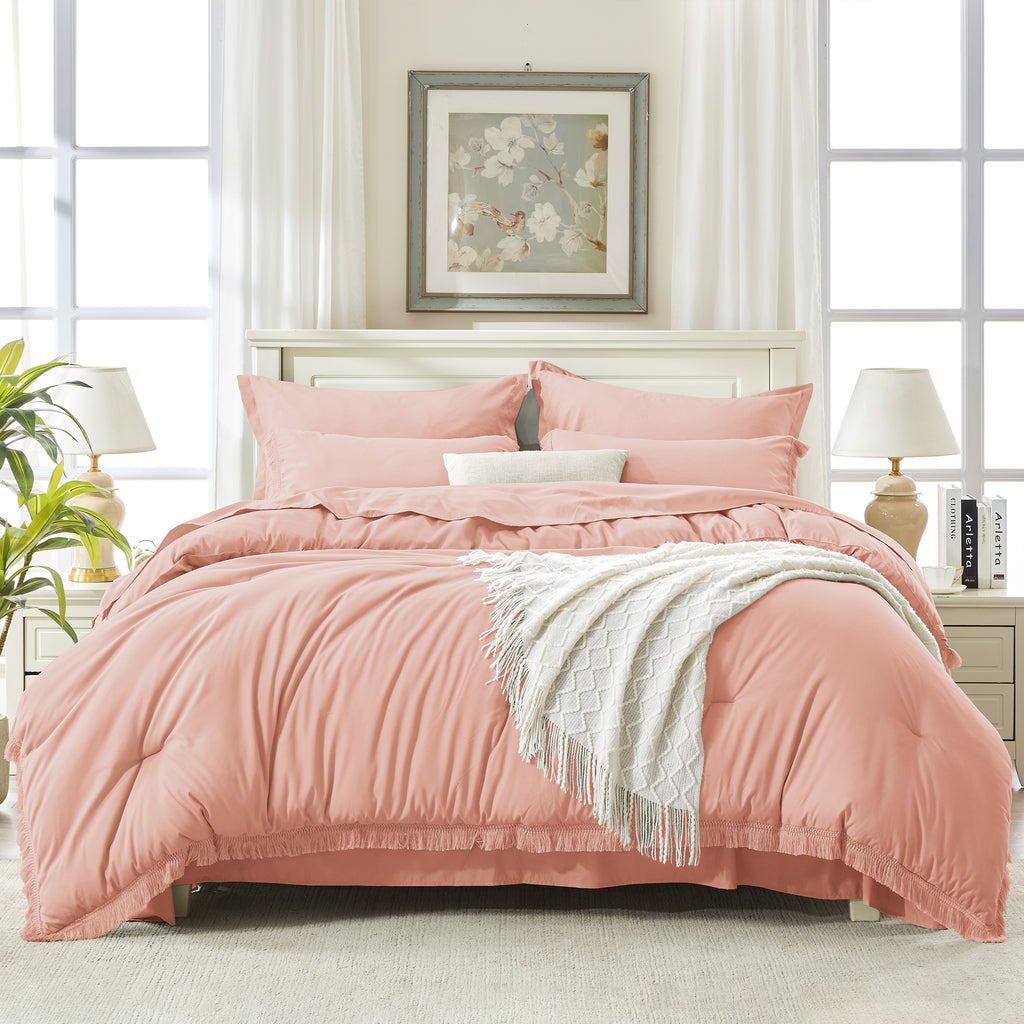 Andency 7 Pieces Comforter Sets -  Bed in a Bag Soft Fluffy Bedding Comforter Sets - Lightweight Cream Boho Tassel Bed Set with Comforter, Sheets, Pillowcases & Shams