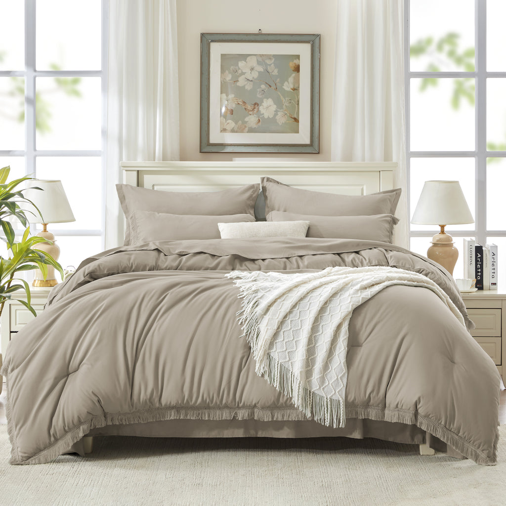 Andency 7 Pieces Comforter Sets -  Bed in a Bag Soft Fluffy Bedding Comforter Sets - Lightweight Cream Boho Tassel Bed Set with Comforter, Sheets, Pillowcases & Shams