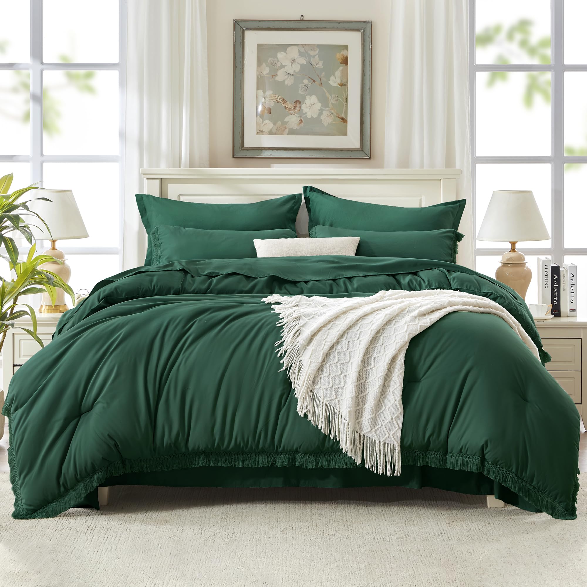 Andency 7 Pieces Comforter Sets -  Bed in a Bag Soft Fluffy Bedding Comforter Sets - Lightweight Cream Boho Tassel Bed Set with Comforter, Sheets, Pillowcases & Shams