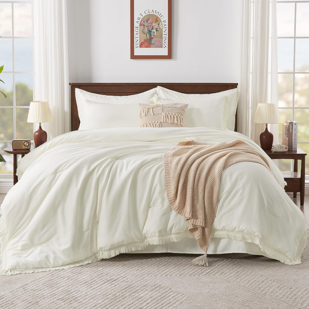 Andency 7 Pieces Comforter Sets -  Bed in a Bag Soft Fluffy Bedding Comforter Sets - Lightweight Cream Boho Tassel Bed Set with Comforter, Sheets, Pillowcases & Shams