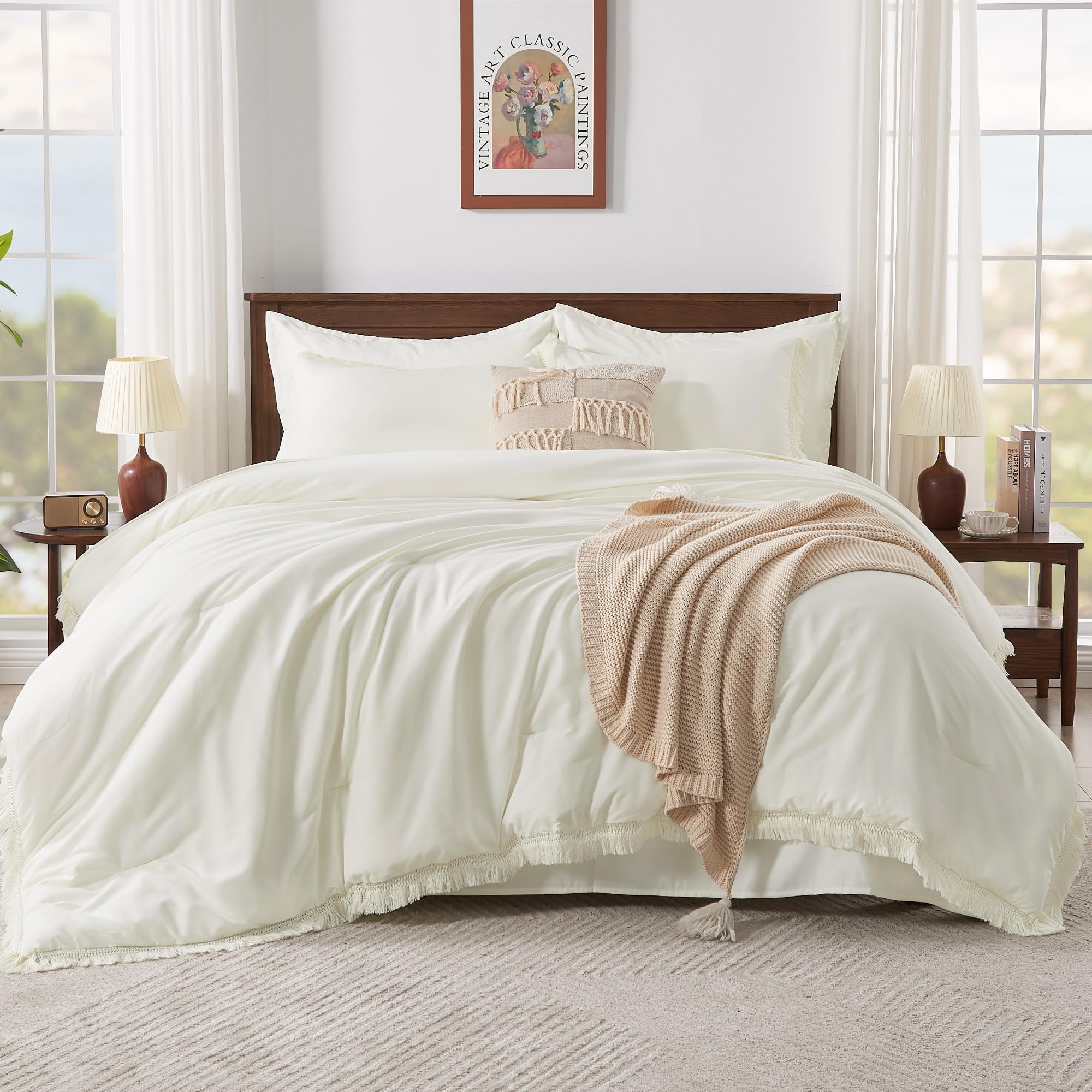 Andency 7 Pieces Comforter Sets -  Bed in a Bag Soft Fluffy Bedding Comforter Sets - Lightweight Cream Boho Tassel Bed Set with Comforter, Sheets, Pillowcases & Shams