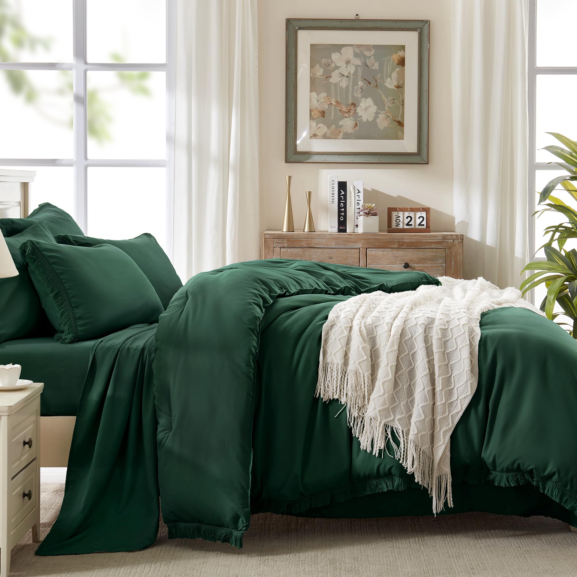 Andency 7 Pieces Comforter Sets -  Bed in a Bag Soft Fluffy Bedding Comforter Sets - Lightweight Cream Boho Tassel Bed Set with Comforter, Sheets, Pillowcases & Shams