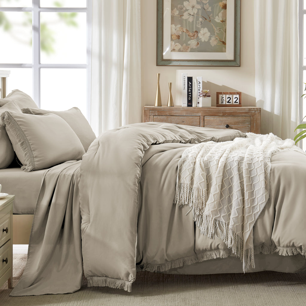 Andency 7 Pieces Comforter Sets -  Bed in a Bag Soft Fluffy Bedding Comforter Sets - Lightweight Cream Boho Tassel Bed Set with Comforter, Sheets, Pillowcases & Shams