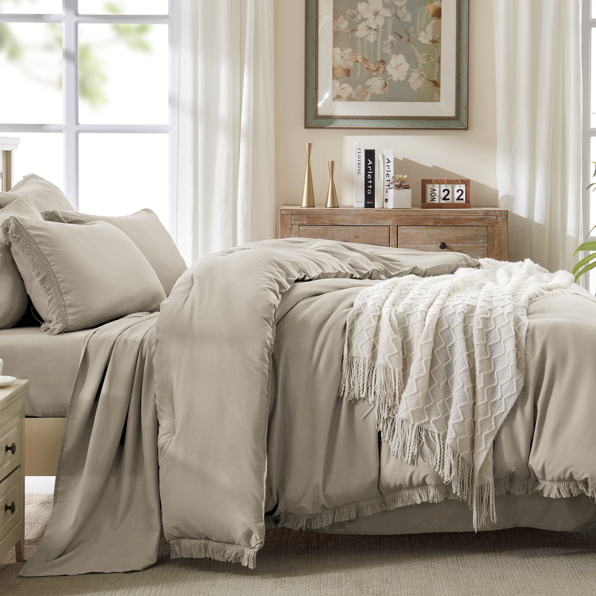 Andency 7 Pieces Comforter Sets -  Bed in a Bag Soft Fluffy Bedding Comforter Sets - Lightweight Cream Boho Tassel Bed Set with Comforter, Sheets, Pillowcases & Shams