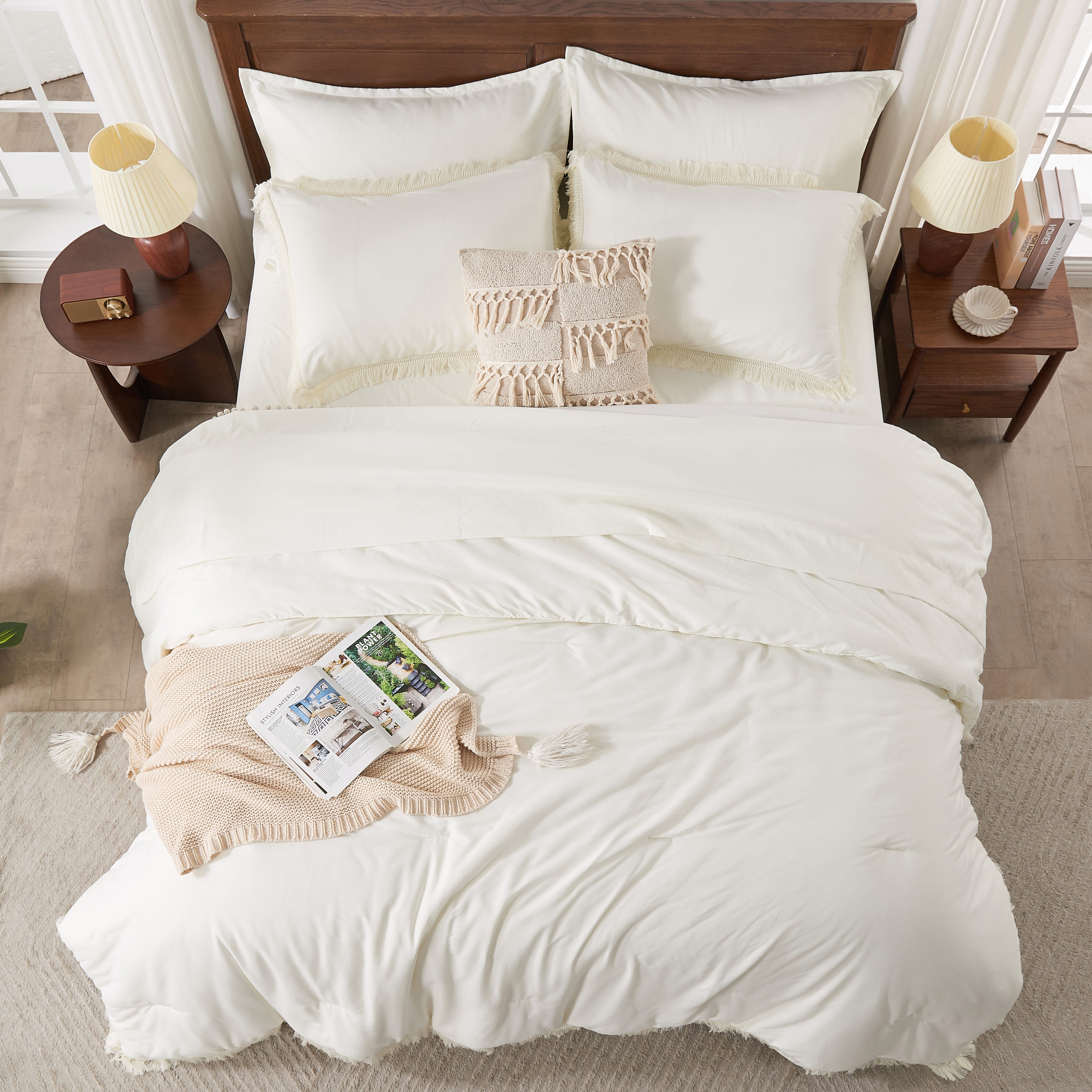 Andency 7 Pieces Comforter Sets -  Bed in a Bag Soft Fluffy Bedding Comforter Sets - Lightweight Cream Boho Tassel Bed Set with Comforter, Sheets, Pillowcases & Shams