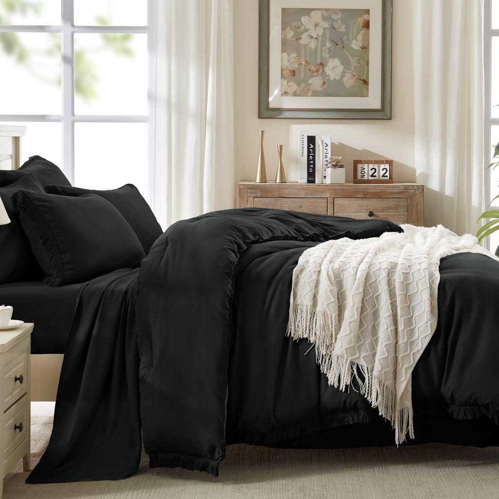Andency 7 Pieces Comforter Sets -  Bed in a Bag Soft Fluffy Bedding Comforter Sets - Lightweight Cream Boho Tassel Bed Set with Comforter, Sheets, Pillowcases & Shams
