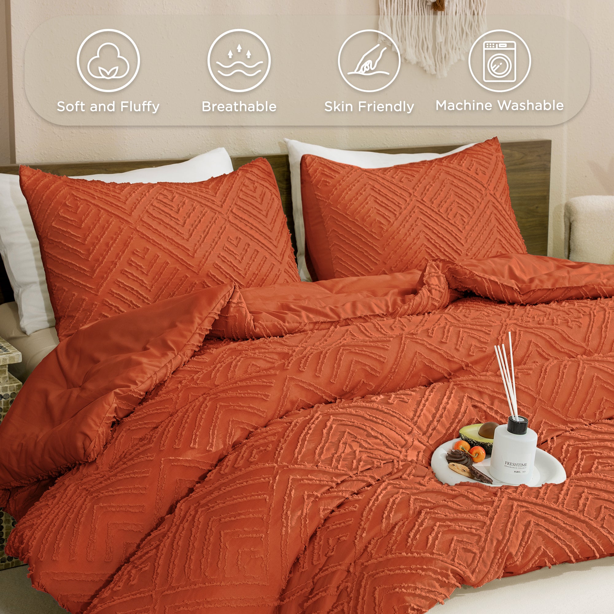 ANGENIA Comforter Set, 3 Pieces Fluffy Cream Boho Bedding Comforters Set, Soft Lightweight Tufted Down Alternative Bed Set for All Season