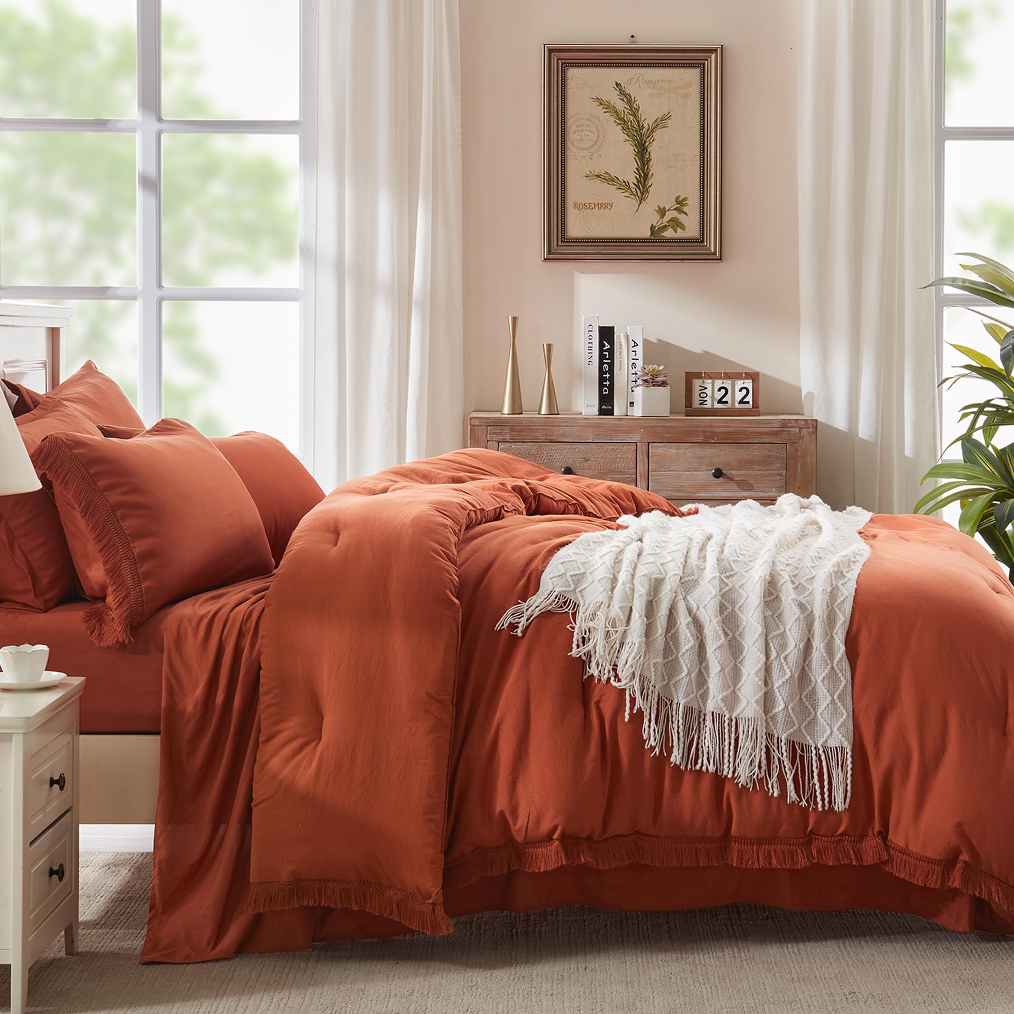 Andency 7 Pieces Comforter Sets -  Bed in a Bag Soft Fluffy Bedding Comforter Sets - Lightweight Cream Boho Tassel Bed Set with Comforter, Sheets, Pillowcases & Shams