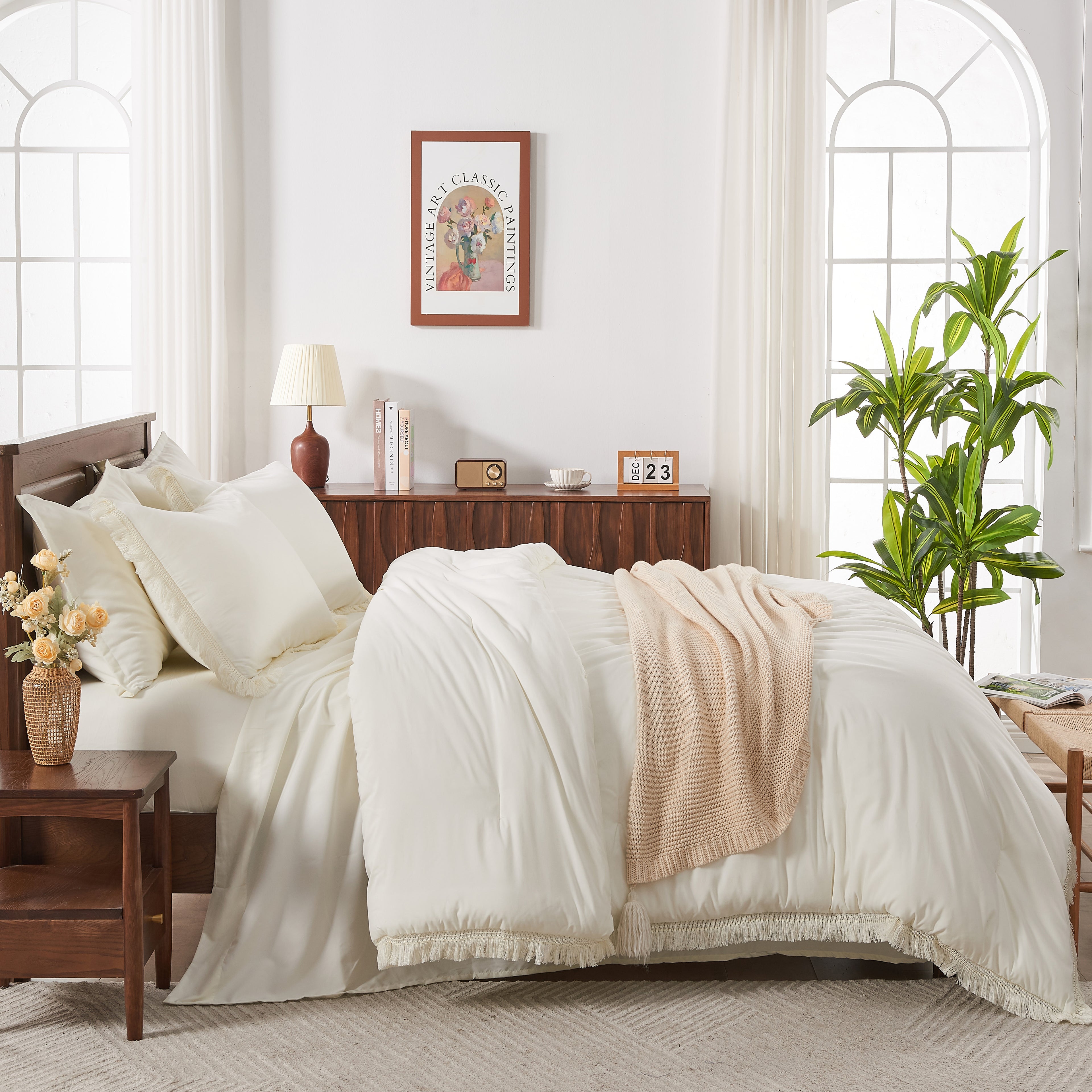 Andency 7 Pieces Comforter Sets -  Bed in a Bag Soft Fluffy Bedding Comforter Sets - Lightweight Cream Boho Tassel Bed Set with Comforter, Sheets, Pillowcases & Shams