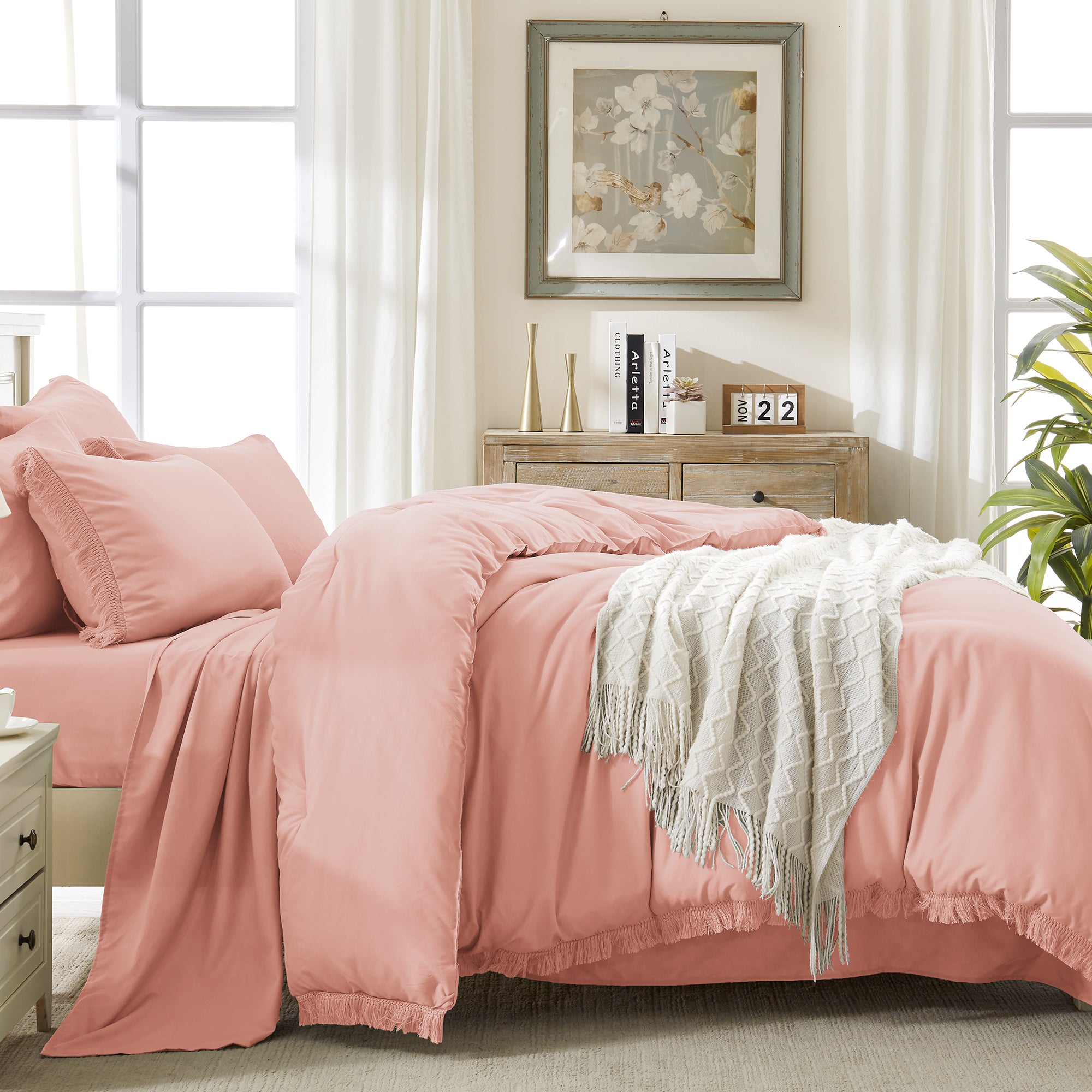 Andency 7 Pieces Comforter Sets -  Bed in a Bag Soft Fluffy Bedding Comforter Sets - Lightweight Cream Boho Tassel Bed Set with Comforter, Sheets, Pillowcases & Shams