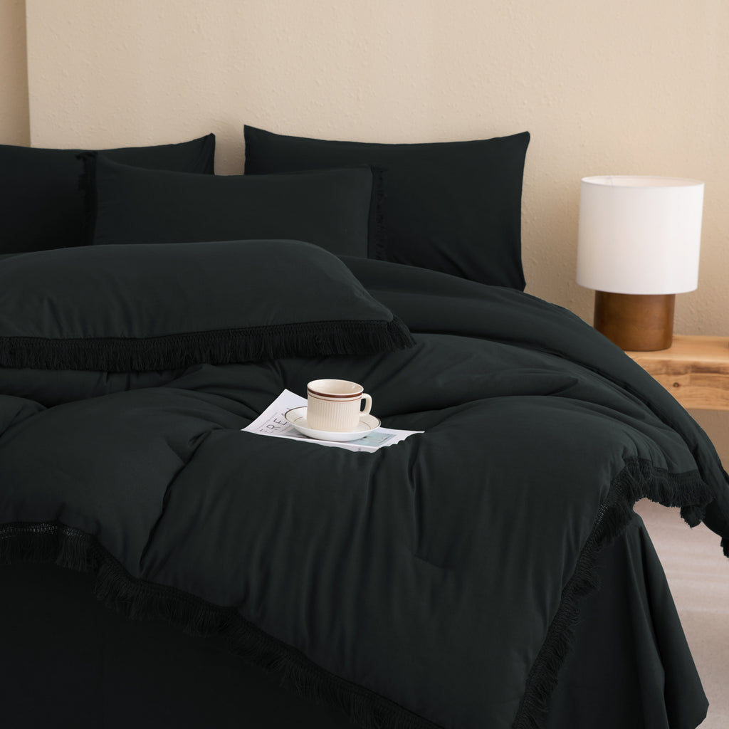 Andency 7 Pieces Comforter Sets -  Bed in a Bag Soft Fluffy Bedding Comforter Sets - Lightweight Cream Boho Tassel Bed Set with Comforter, Sheets, Pillowcases & Shams