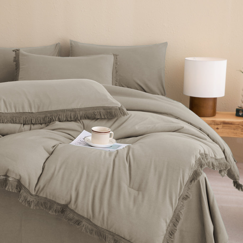 Andency 7 Pieces Comforter Sets -  Bed in a Bag Soft Fluffy Bedding Comforter Sets - Lightweight Cream Boho Tassel Bed Set with Comforter, Sheets, Pillowcases & Shams