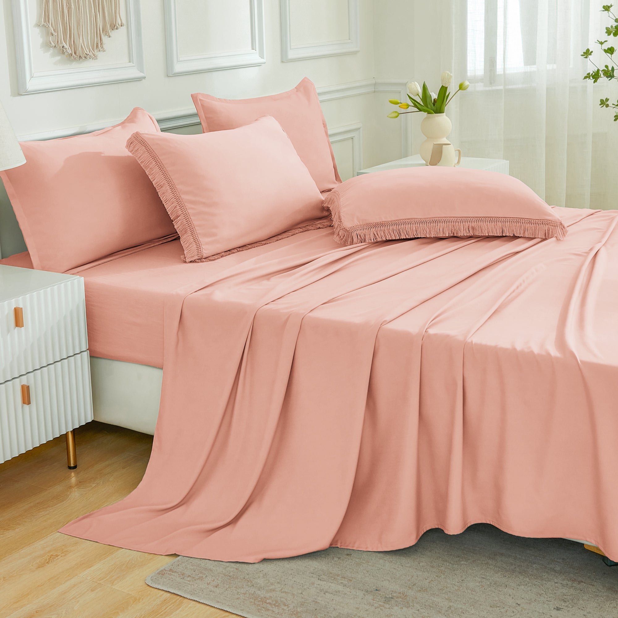 Andency 7 Pieces Comforter Sets -  Bed in a Bag Soft Fluffy Bedding Comforter Sets - Lightweight Cream Boho Tassel Bed Set with Comforter, Sheets, Pillowcases & Shams