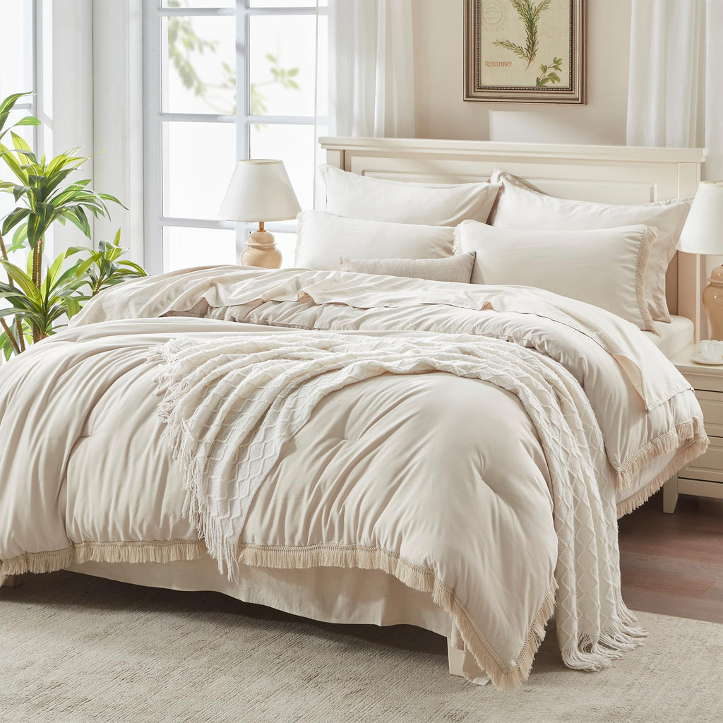 Andency 7 Pieces Comforter Sets -  Bed in a Bag Soft Fluffy Bedding Comforter Sets - Lightweight Cream Boho Tassel Bed Set with Comforter, Sheets, Pillowcases & Shams