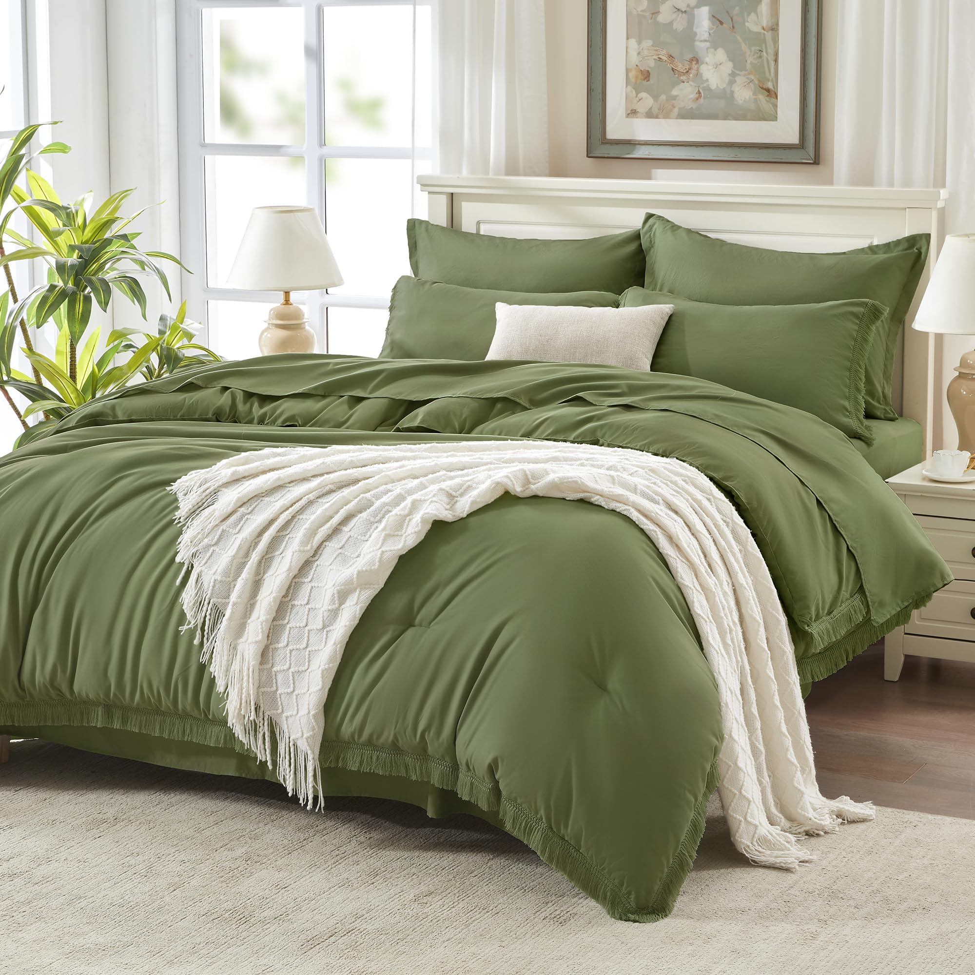 Andency 7 Pieces Comforter Sets -  Bed in a Bag Soft Fluffy Bedding Comforter Sets - Lightweight Cream Boho Tassel Bed Set with Comforter, Sheets, Pillowcases & Shams