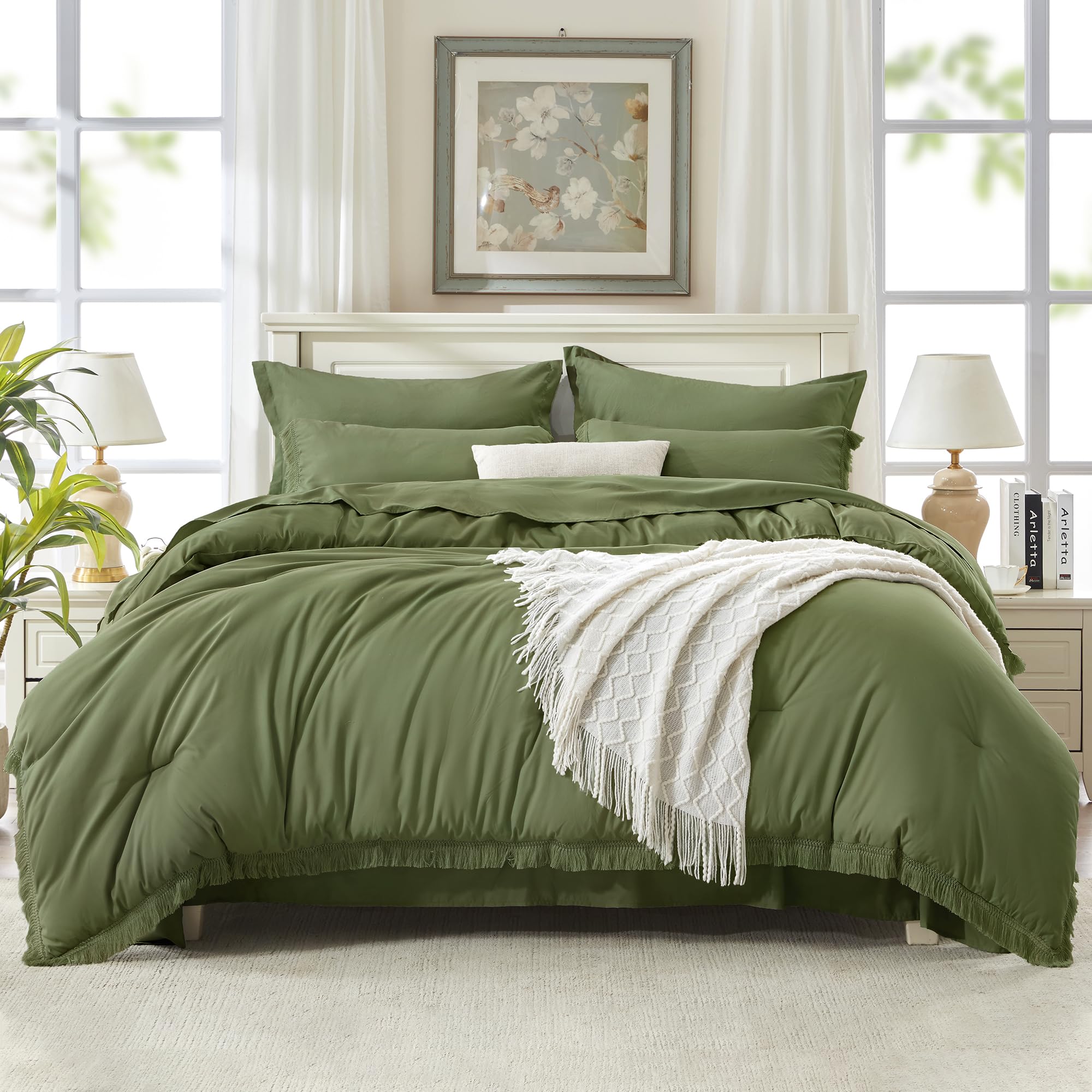 Andency 7 Pieces Comforter Sets -  Bed in a Bag Soft Fluffy Bedding Comforter Sets - Lightweight Cream Boho Tassel Bed Set with Comforter, Sheets, Pillowcases & Shams