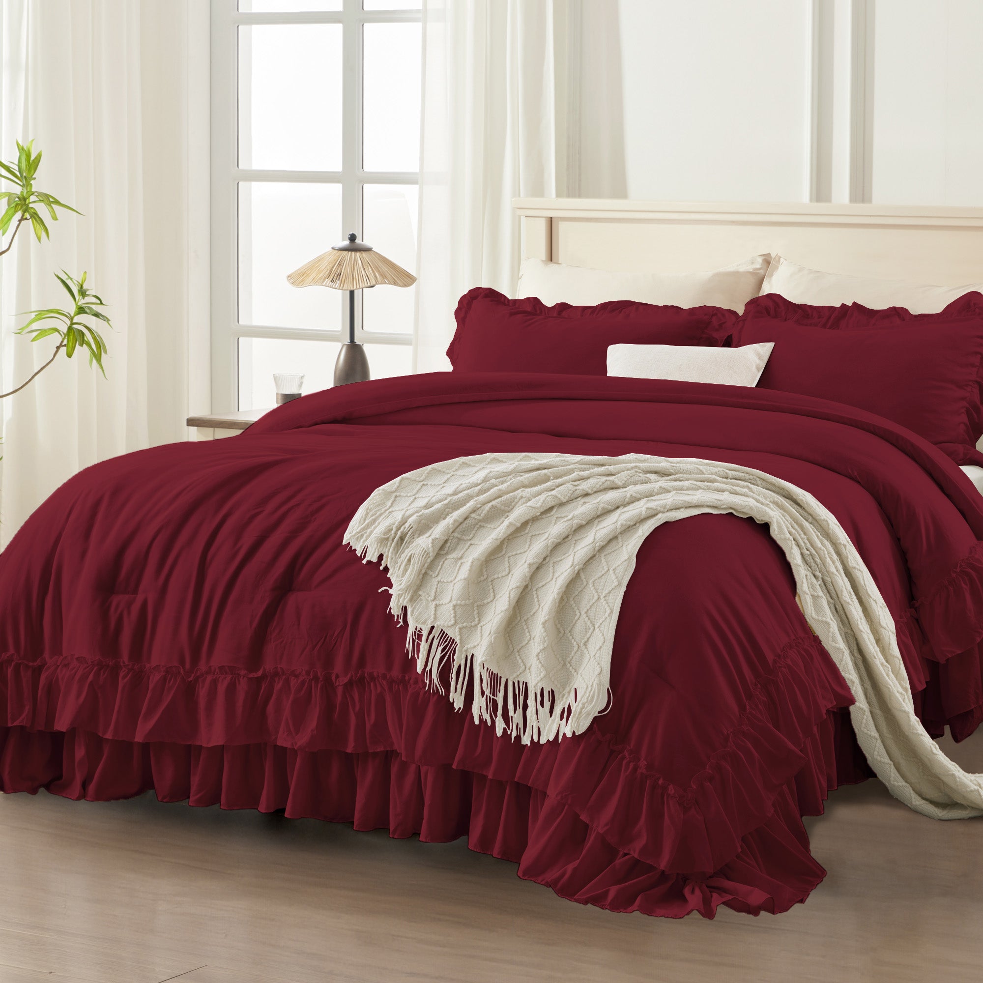 ANGENIA 3 Pieces Ruffle Comforter Set,  Solid Farmhouse Bedding Comforter Sets, Cozy Fluffy Lightweight Down Alternative Bed Set for Girls Teens Women Men