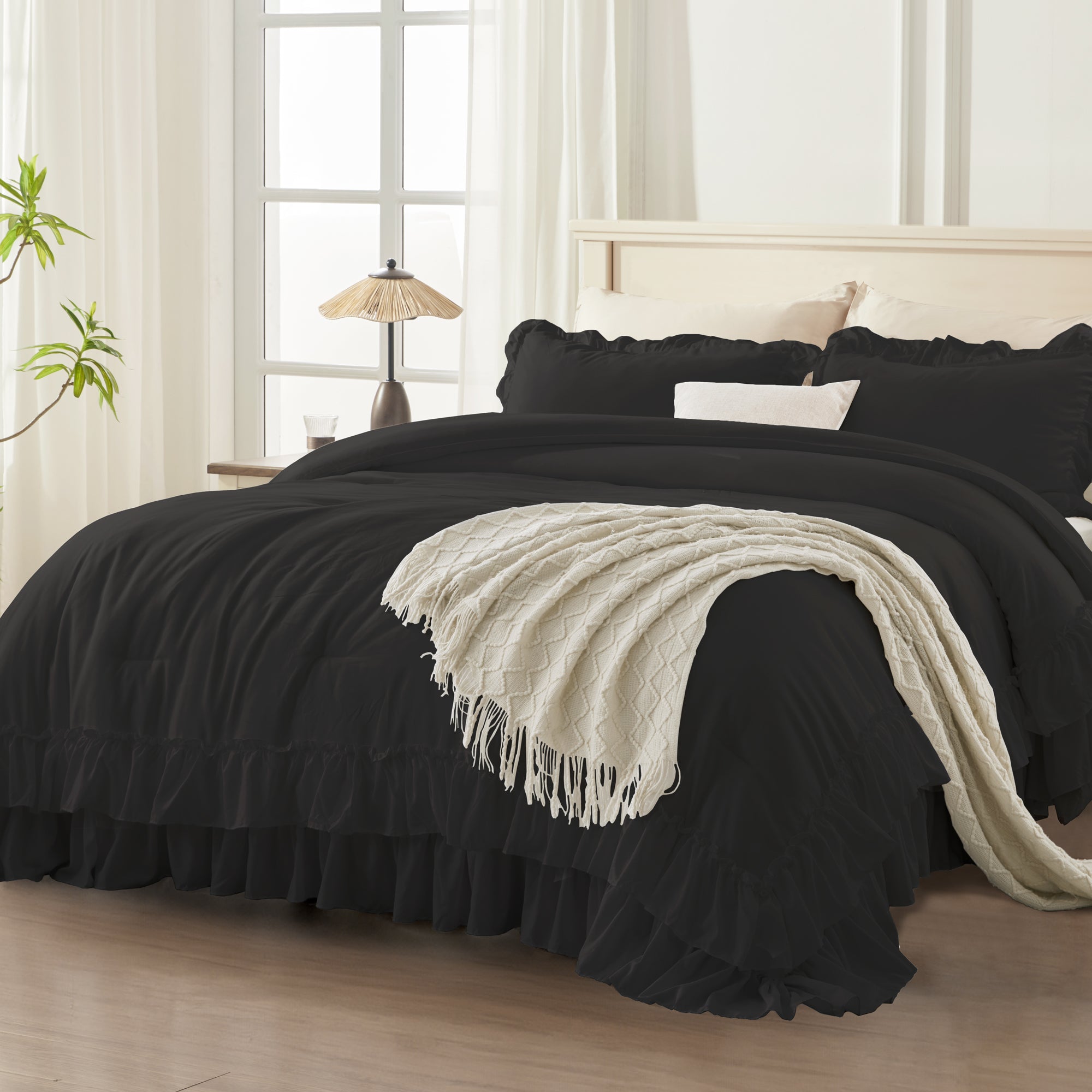 ANGENIA 3 Pieces Ruffle Comforter Set,  Solid Farmhouse Bedding Comforter Sets, Cozy Fluffy Lightweight Down Alternative Bed Set for Girls Teens Women Men