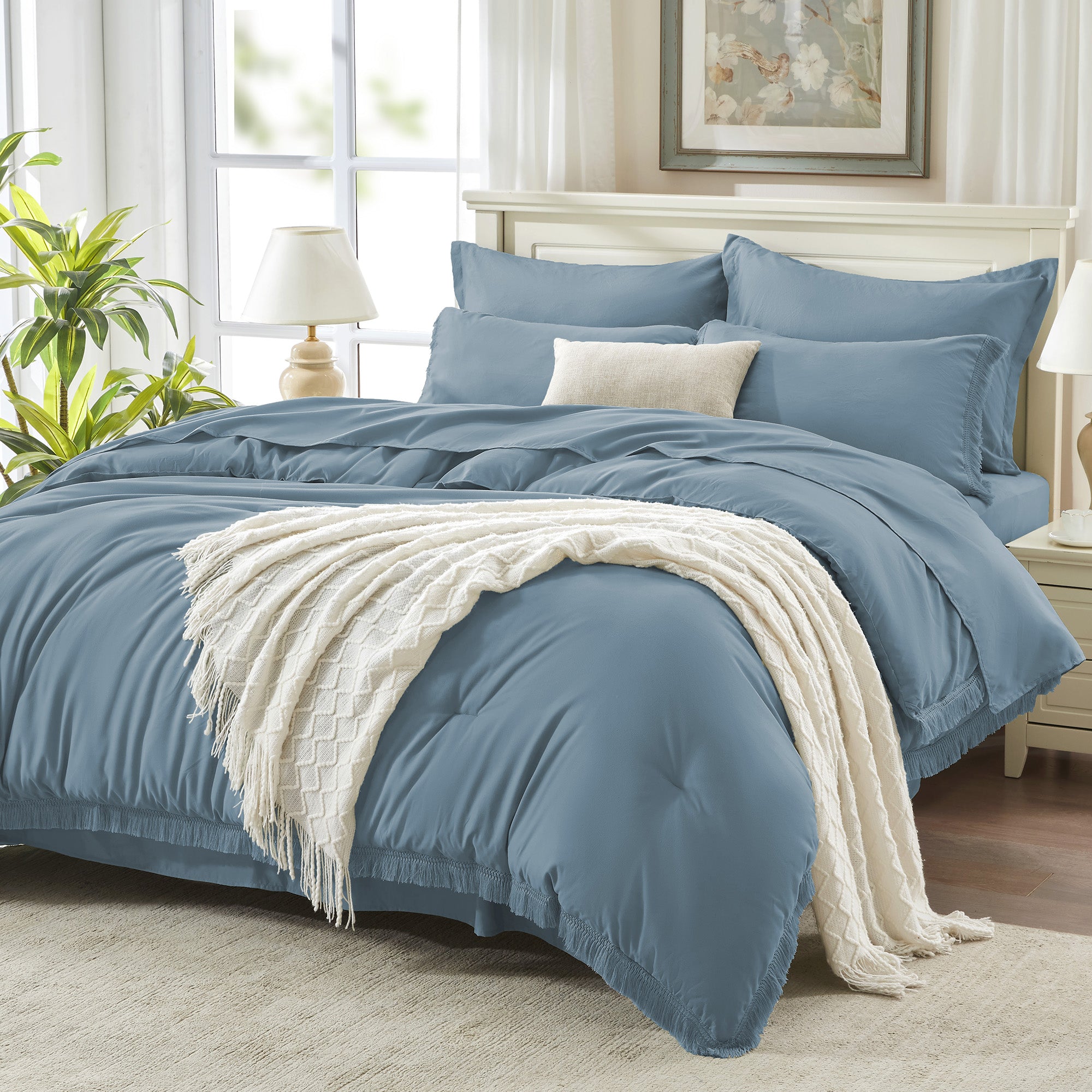 Andency 7 Pieces Comforter Sets -  Bed in a Bag Soft Fluffy Bedding Comforter Sets - Lightweight Cream Boho Tassel Bed Set with Comforter, Sheets, Pillowcases & Shams