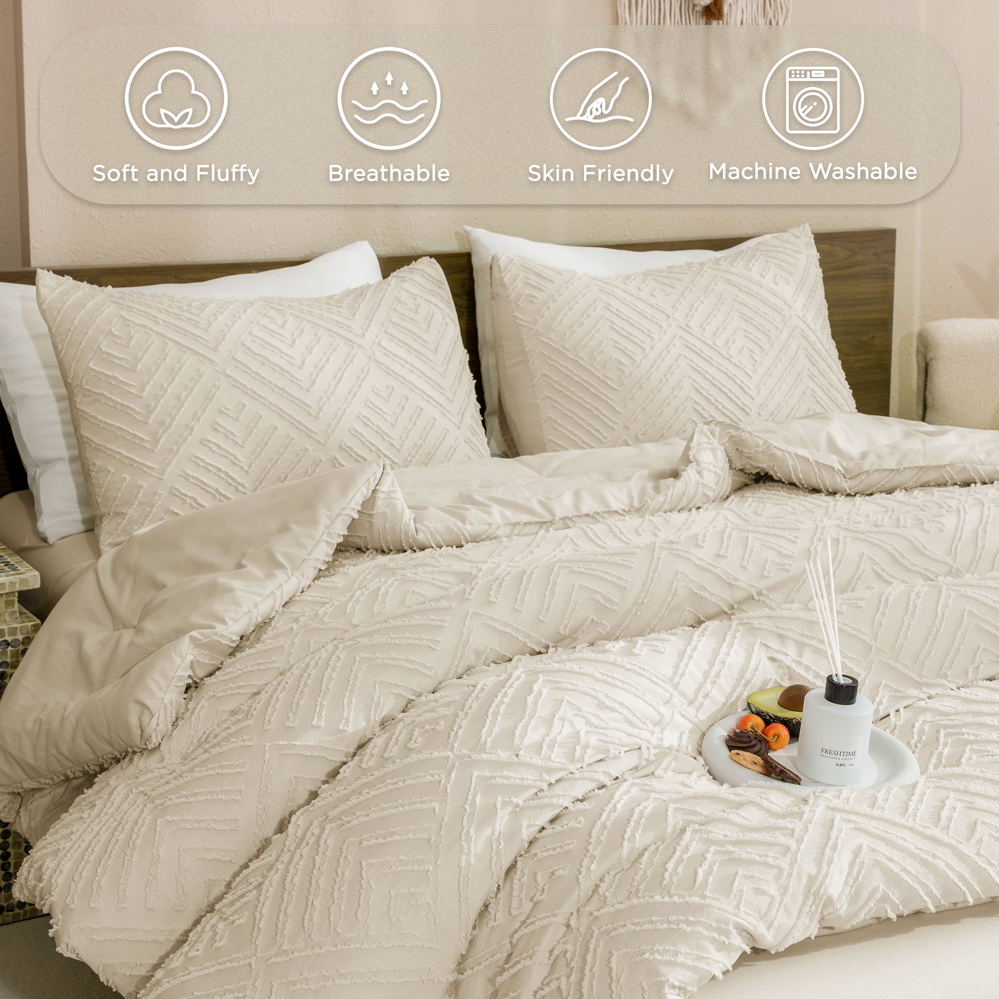 ANGENIA Comforter Set, 3 Pieces Fluffy Cream Boho Bedding Comforters Set, Soft Lightweight Tufted Down Alternative Bed Set for All Season