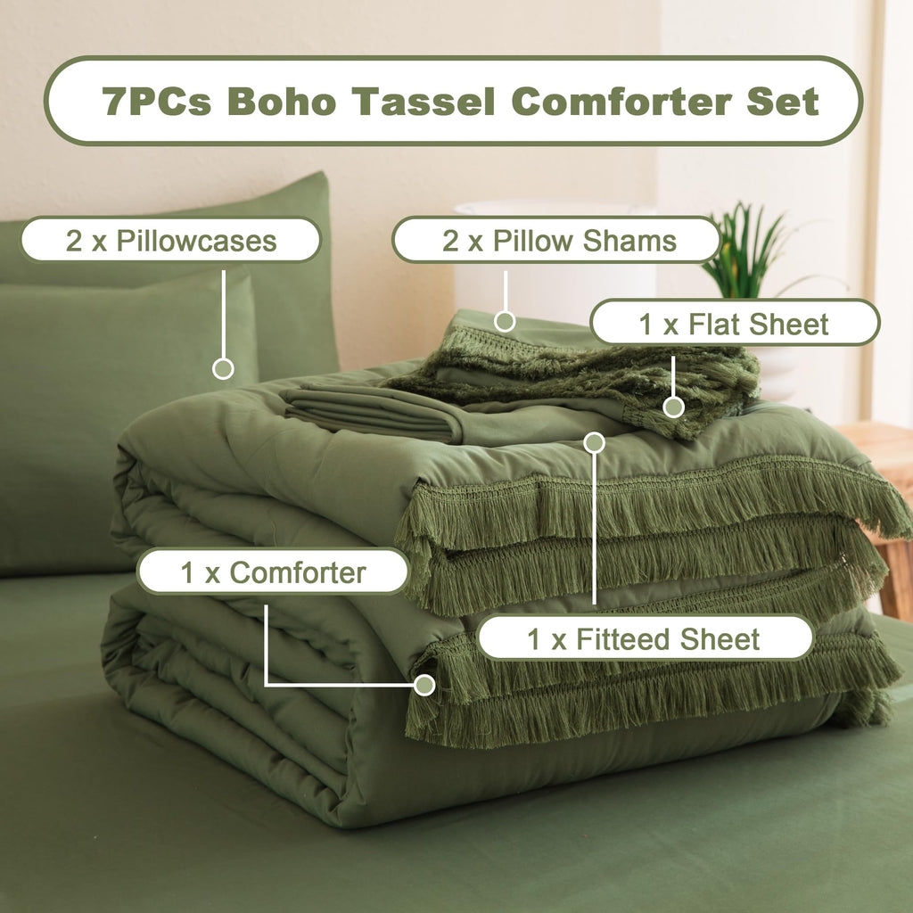 Andency 7 Pieces Comforter Sets -  Bed in a Bag Soft Fluffy Bedding Comforter Sets - Lightweight Cream Boho Tassel Bed Set with Comforter, Sheets, Pillowcases & Shams