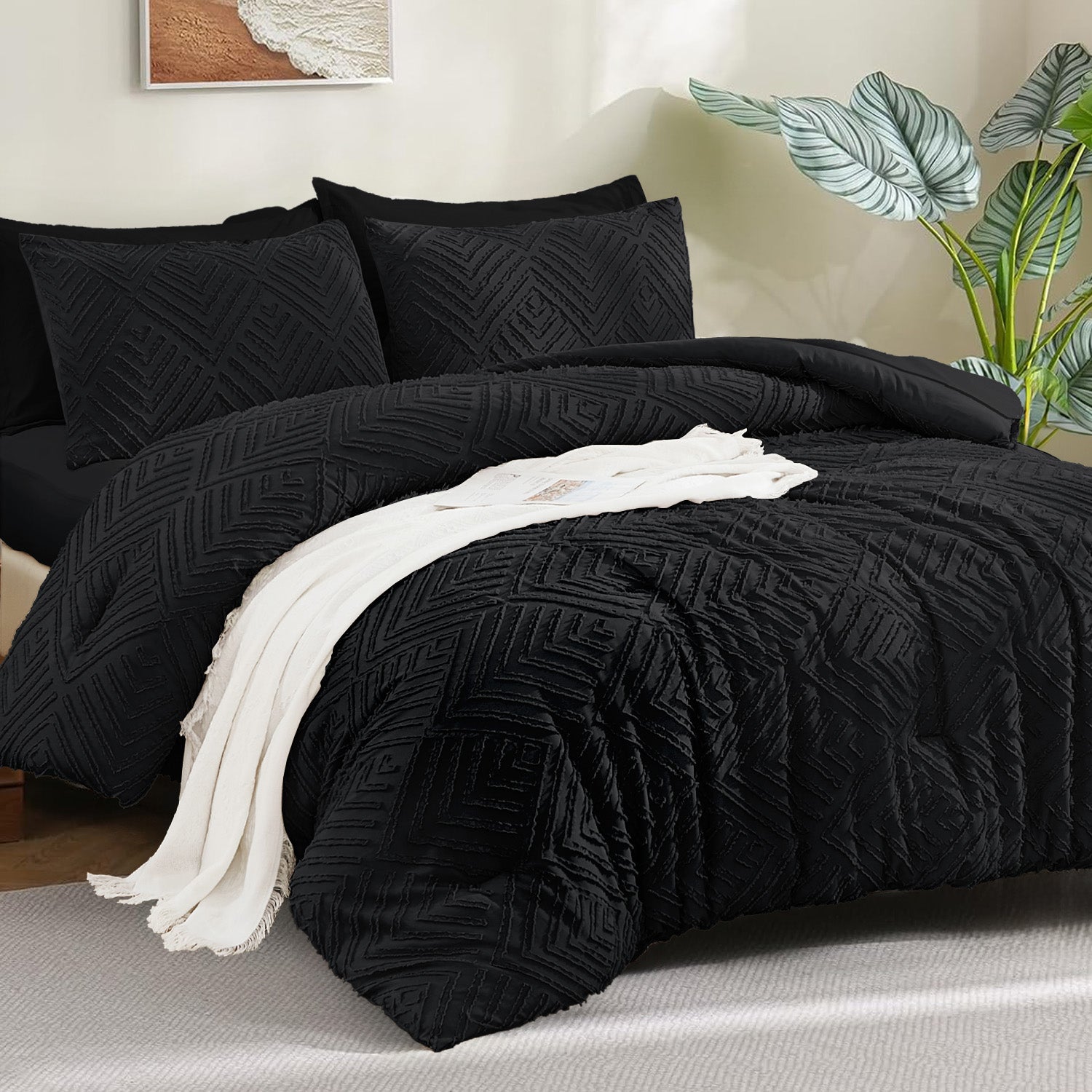 ANGENIA Bohemian Cream Comforter Set with Sheet, 7 Pieces Bed in a Bag Soft Lightweight Fluffy Tufted All Season Bed Set with Comforter, Sheets, Pillowcases & Shams