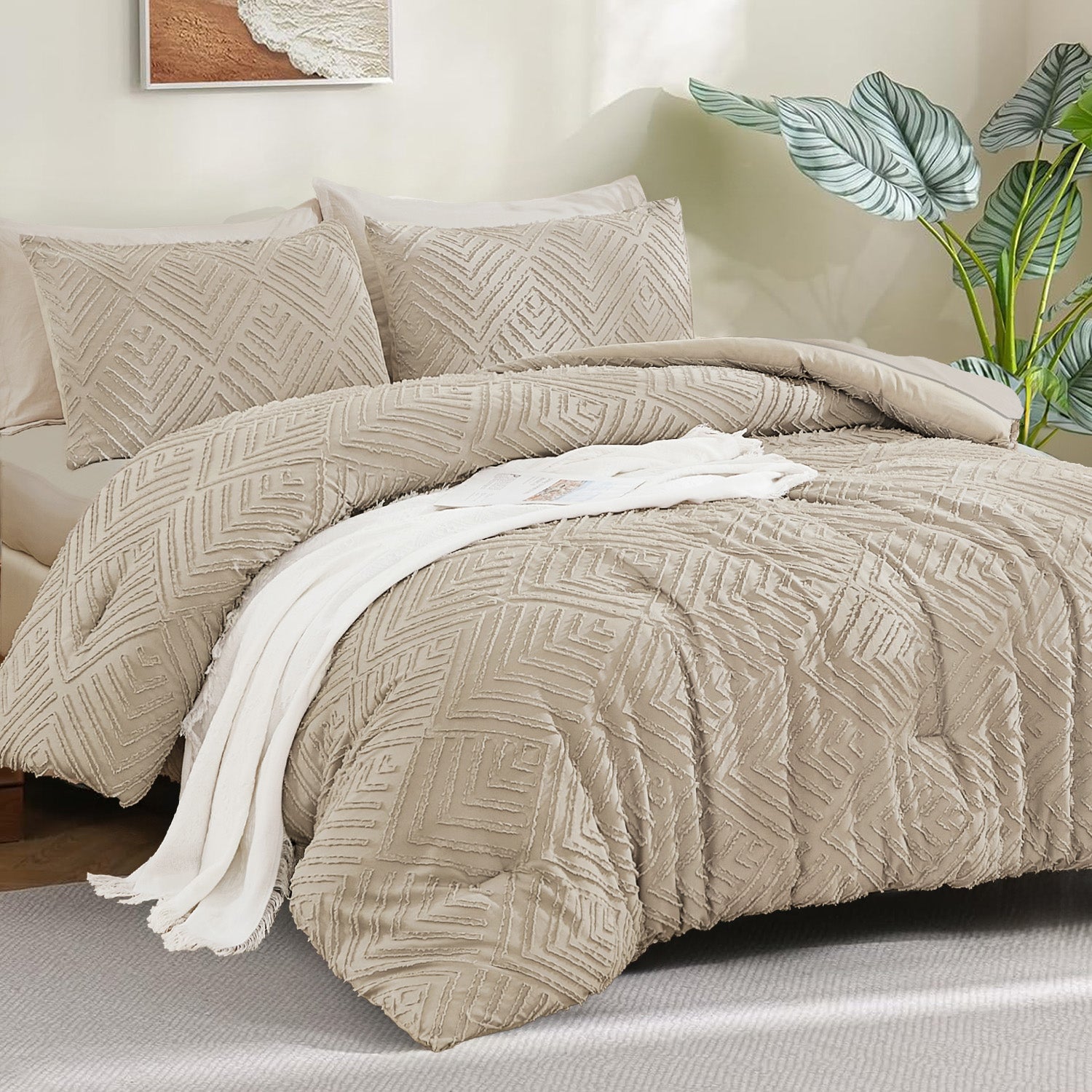 ANGENIA Bohemian Cream Comforter Set with Sheet, 7 Pieces Bed in a Bag Soft Lightweight Fluffy Tufted All Season Bed Set with Comforter, Sheets, Pillowcases & Shams