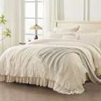 ANGENIA 3 Pieces Ruffle Comforter Set,  Solid Farmhouse Bedding Comforter Sets, Cozy Fluffy Lightweight Down Alternative Bed Set for Girls Teens Women Men