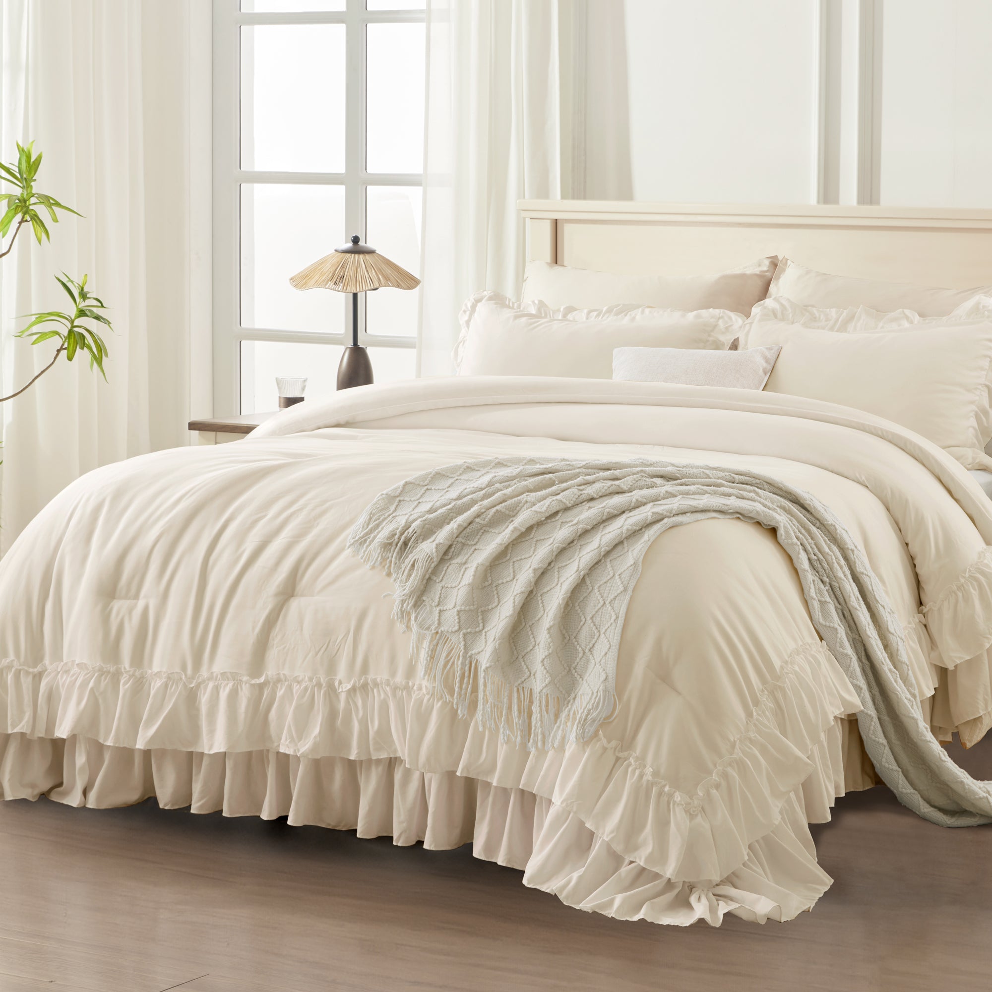 ANGENIA 3 Pieces Ruffle Comforter Set,  Solid Farmhouse Bedding Comforter Sets, Cozy Fluffy Lightweight Down Alternative Bed Set for Girls Teens Women Men