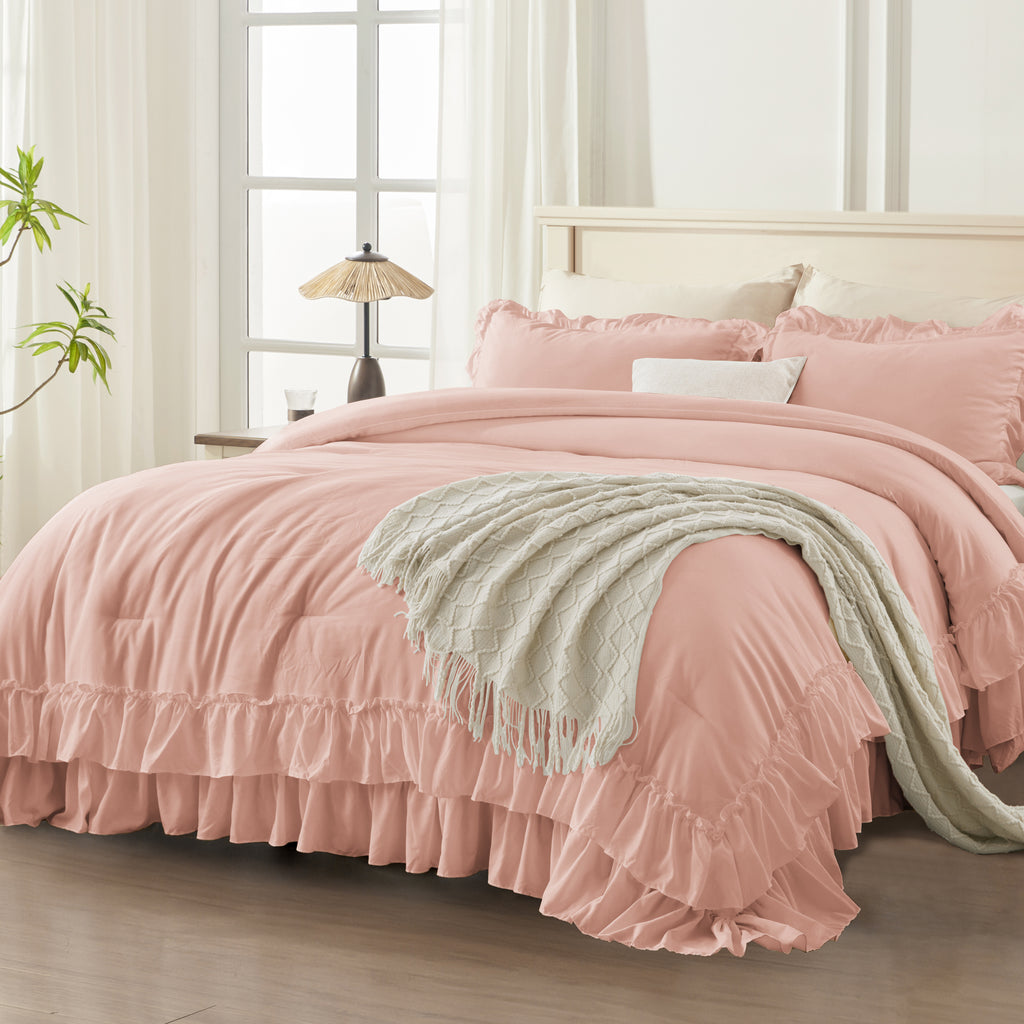 ANGENIA 3 Pieces Ruffle Comforter Set,  Solid Farmhouse Bedding Comforter Sets, Cozy Fluffy Lightweight Down Alternative Bed Set for Girls Teens Women Men