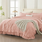ANGENIA 3 Pieces Ruffle Comforter Set,  Solid Farmhouse Bedding Comforter Sets, Cozy Fluffy Lightweight Down Alternative Bed Set for Girls Teens Women Men
