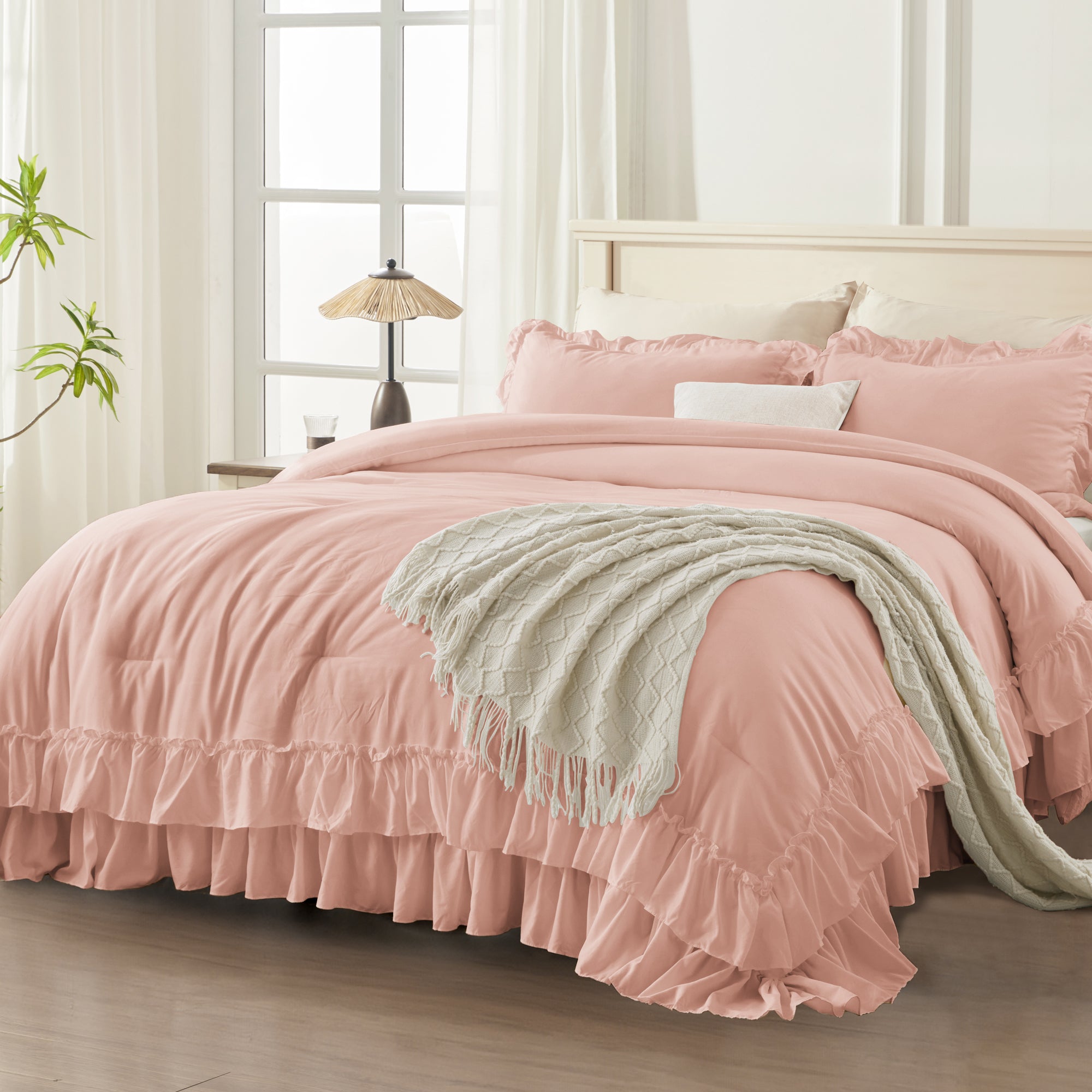 ANGENIA 3 Pieces Ruffle Comforter Set,  Solid Farmhouse Bedding Comforter Sets, Cozy Fluffy Lightweight Down Alternative Bed Set for Girls Teens Women Men