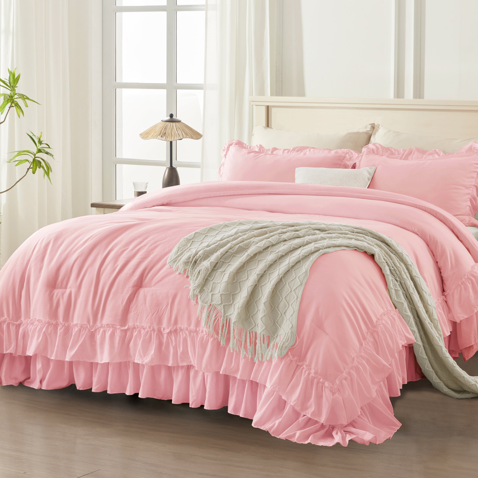ANGENIA 3 Pieces Ruffle Comforter Set,  Solid Farmhouse Bedding Comforter Sets, Cozy Fluffy Lightweight Down Alternative Bed Set for Girls Teens Women Men