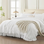 ANGENIA 3 Pieces Ruffle Comforter Set,  Solid Farmhouse Bedding Comforter Sets, Cozy Fluffy Lightweight Down Alternative Bed Set for Girls Teens Women Men