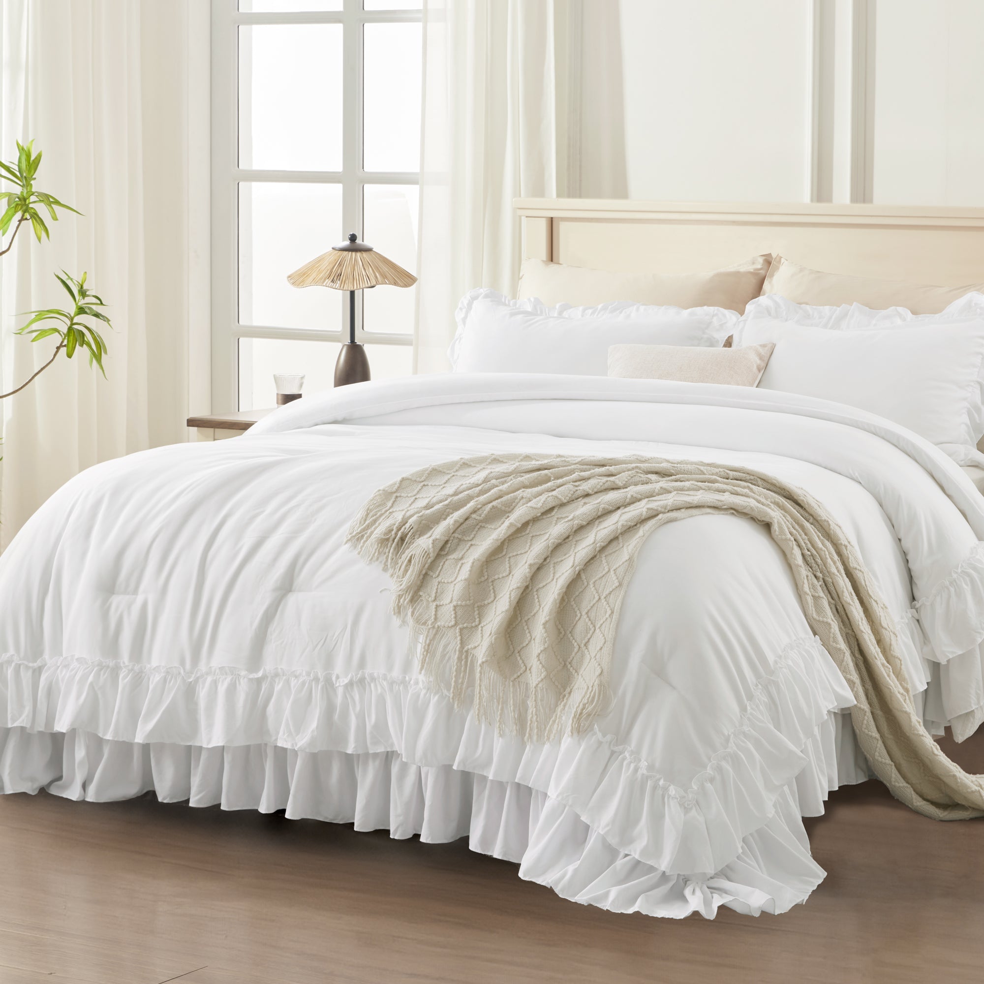 ANGENIA 3 Pieces Ruffle Comforter Set,  Solid Farmhouse Bedding Comforter Sets, Cozy Fluffy Lightweight Down Alternative Bed Set for Girls Teens Women Men