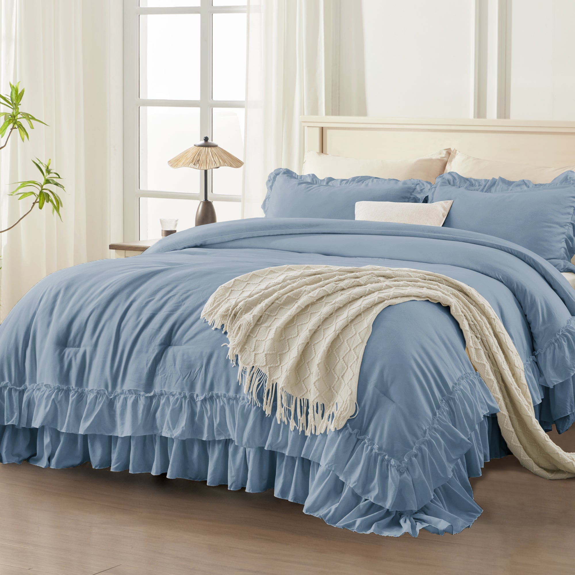 ANGENIA 3 Pieces Ruffle Comforter Set,  Solid Farmhouse Bedding Comforter Sets, Cozy Fluffy Lightweight Down Alternative Bed Set for Girls Teens Women Men