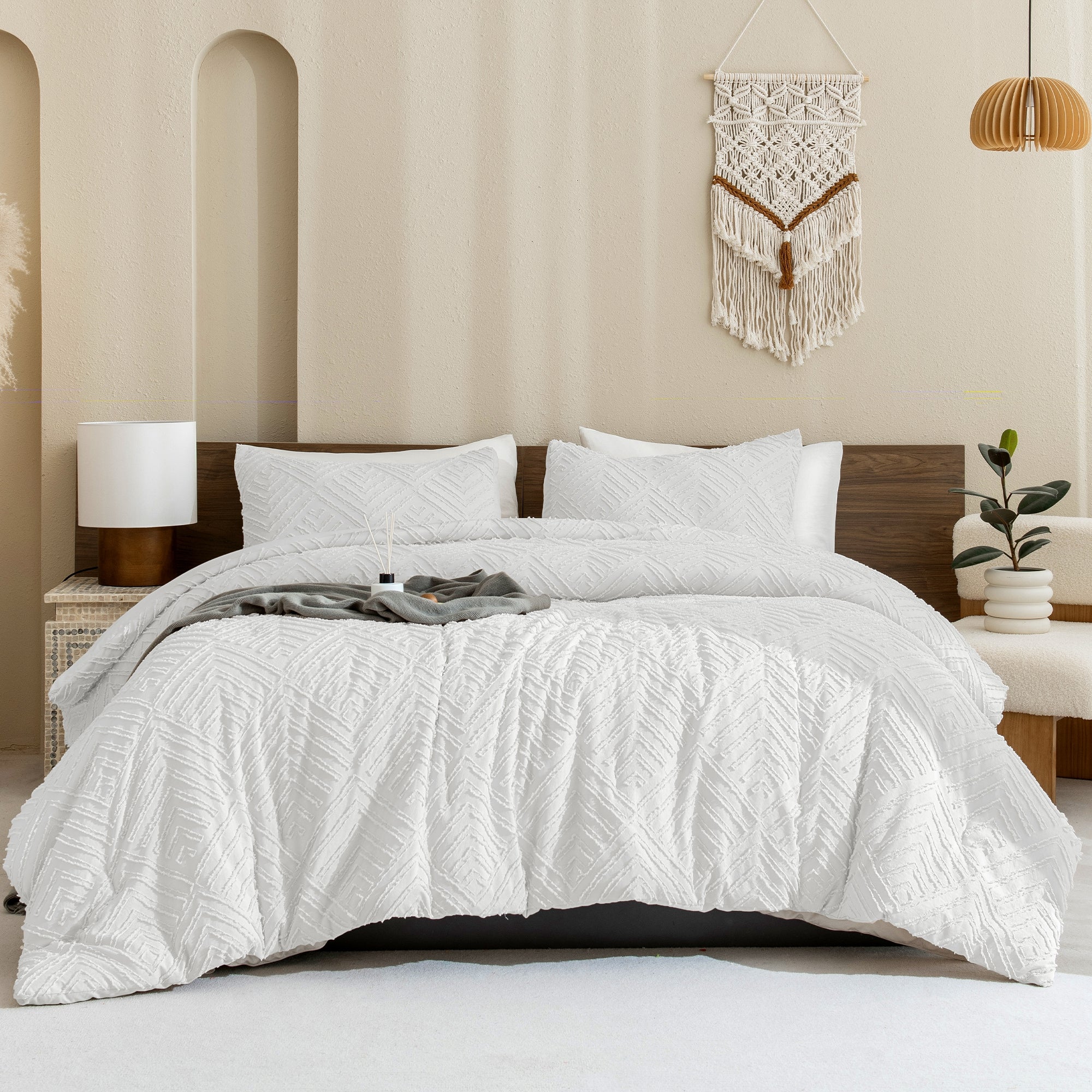 ANGENIA Comforter Set, 3 Pieces Fluffy Cream Boho Bedding Comforters Set, Soft Lightweight Tufted Down Alternative Bed Set for All Season